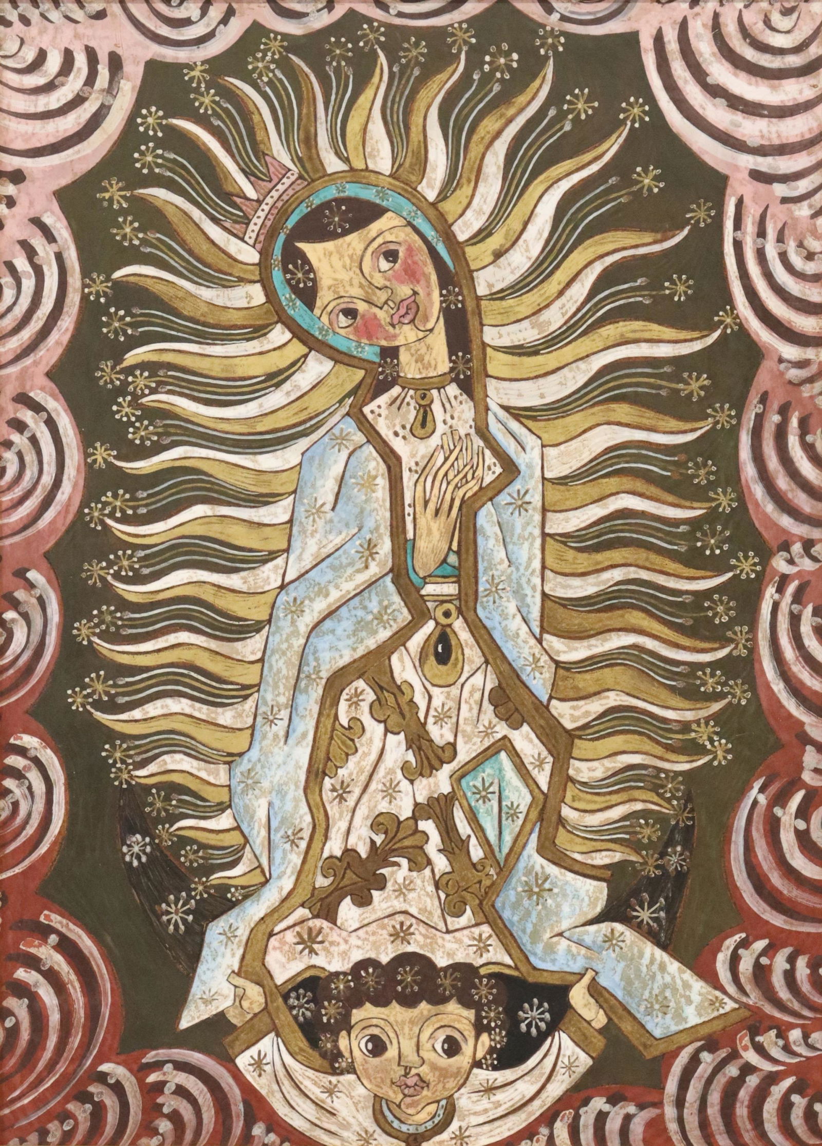 JOSE MARIA DE SERVIN (ATTRIB.) VIRGEN DE GUADALUPE: Framed painting on Masonite, Our Lady of Guadalupe, unsigned, attributed to Jose Maria de Servin (active in Jalisco, Mexico, 1917-1983), sight: approx 23.75"h, 17"w, overall: 27.75"h, 21"w, 5lbs **Pro