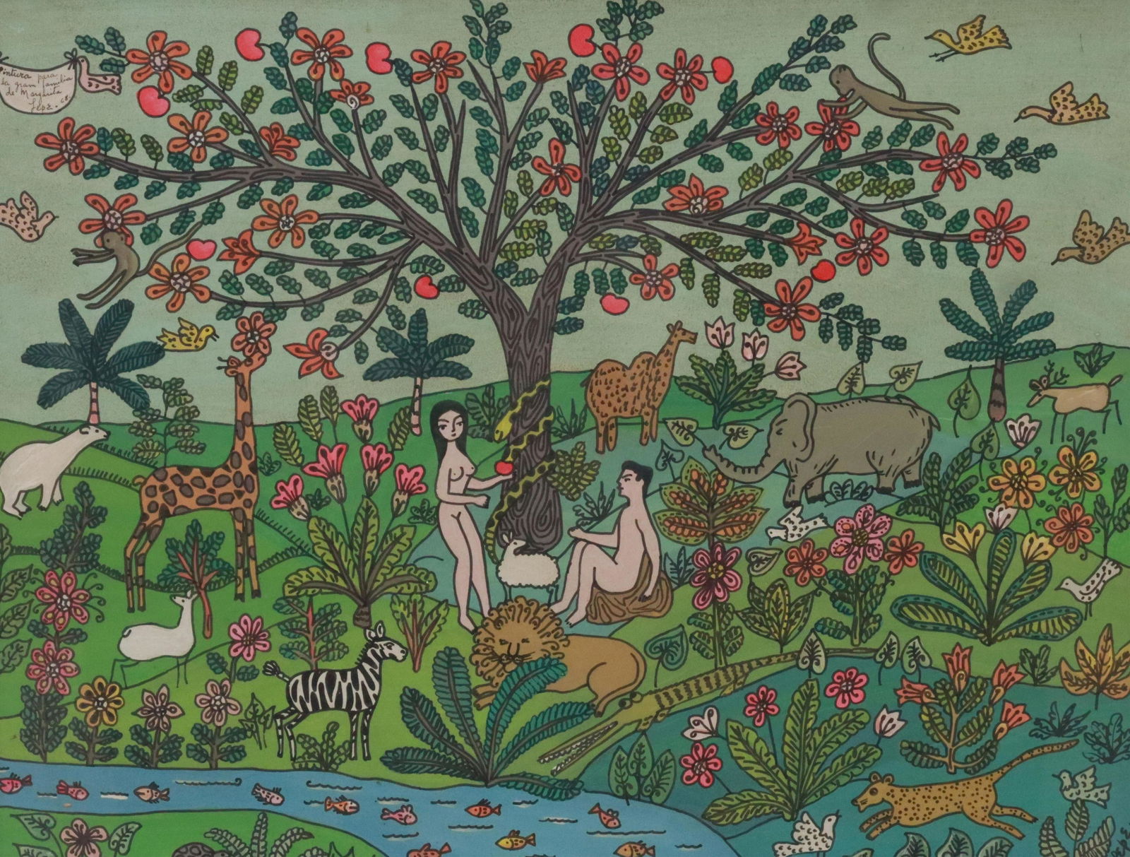 MANUEL LEPE (MX 1936-1984) PAINTING GARDEN OF EDEN: Framed mixed media painting on board, Adam and Eve in the Garden of Eden, signed lower right Lepe (Manuel Lepe, Mexican, 1936-1984), inscribed upper left "pintura para la gran familia de Margarita Lep