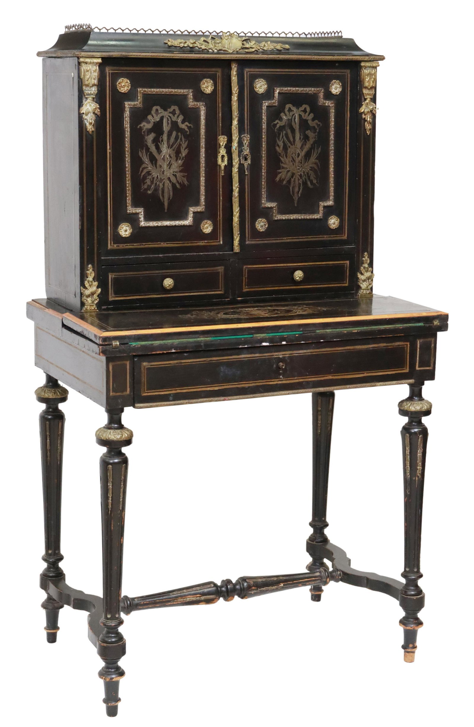 FRENCH LOUIS XVI STYLE EBONIZED BONHEUR DU JOUR: French Louis XVI style lady's writing desk, late 19th c., ebonized case with brass inlay, superstructure with double-door cabinet, fitted interior, over two drawers, hinged panel opening to inset felt