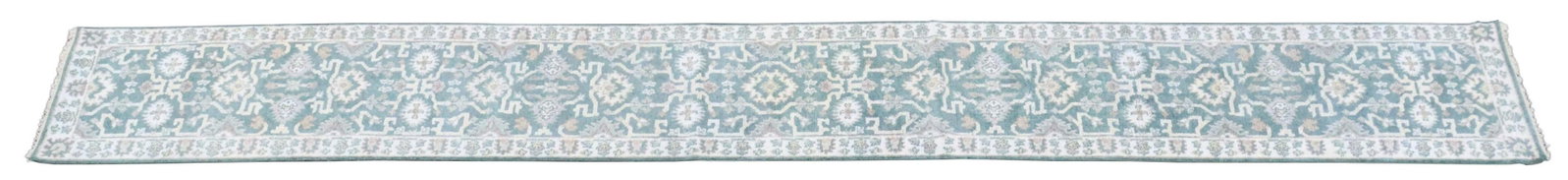 HAND-TIED INDO-OUSHAK RUNNER, 19'4.25" X 2'7.5": Hand-tied Indo-Oushak runner, approx 19'4.25"l, 2'7.5"w Start Price: $150.00