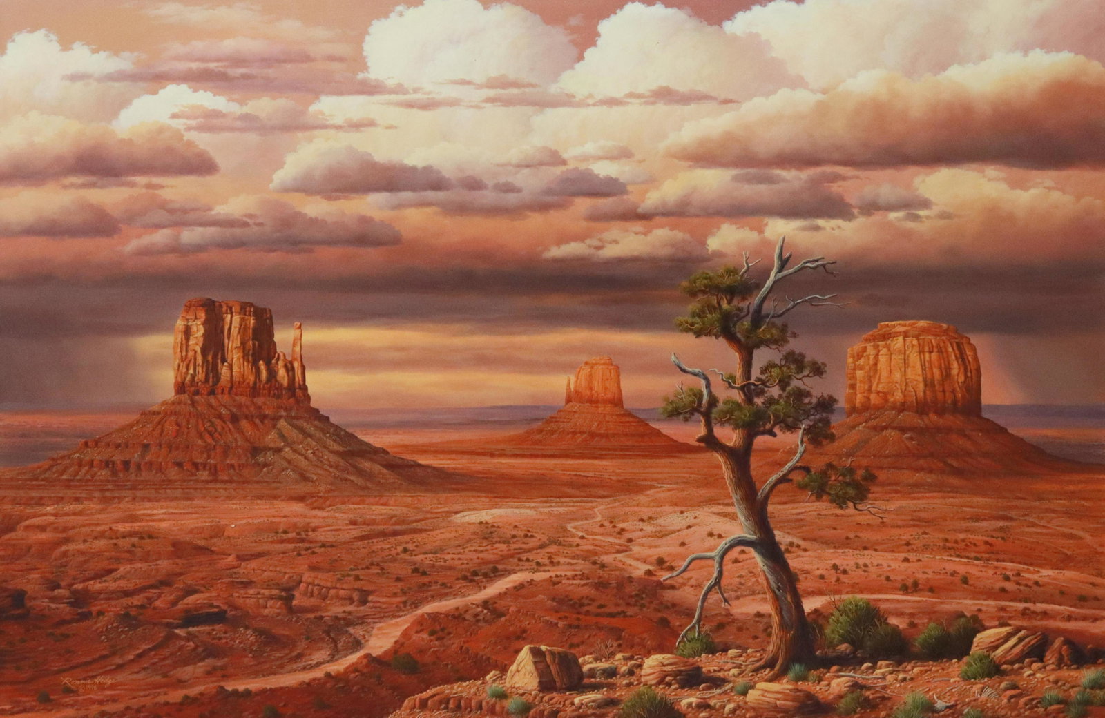 R.W. HEDGE (1954-2010) 'WESTERN TRAILS,' 40" X 60": Framed oil painting on canvas, "Western Trails," signed lower left Ronnie Hedge (R.W. Hedge, Texas, 1954-2010), dated 1996, sight: approx 39.5"h, 59.5"w, overall: approx 49.5"h, 69.5"w, 26lbs Start Pr