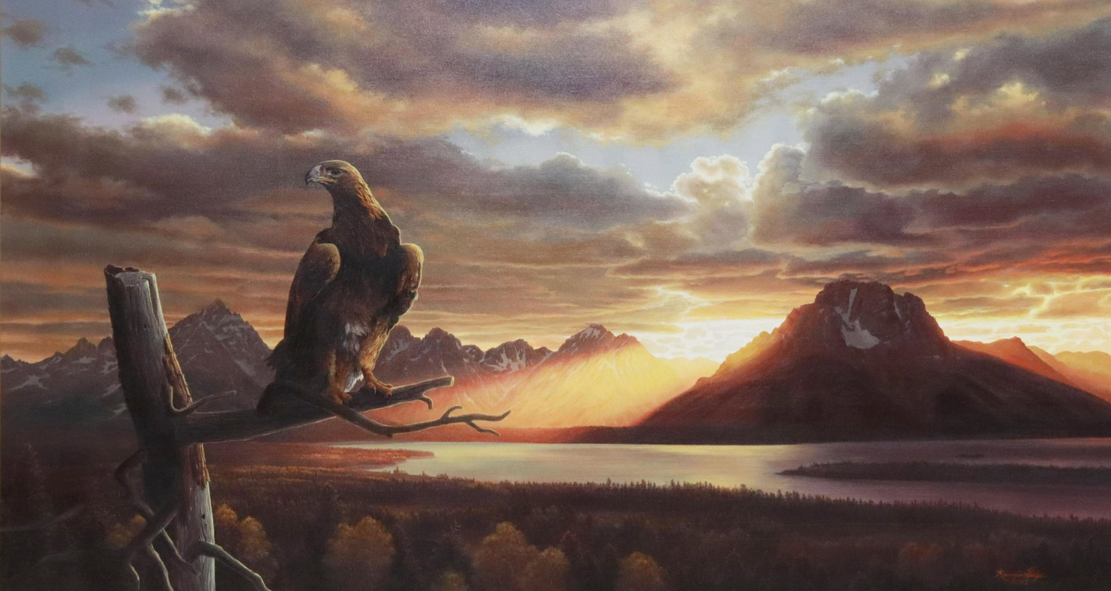 R.W. HEDGE (1954-2010) EAGLE AT SUNSET, 40" X 72": Framed oil painting on canvas, Eagle at Sunset, signed lower right Ronnie Hedge (R.W. Hedge, Texas, 1954-2010), dated 1995, sight: approx 39"h, 70.5"w, overall: approx 53.25"h, 85.25"w, 50lbs Start Pr