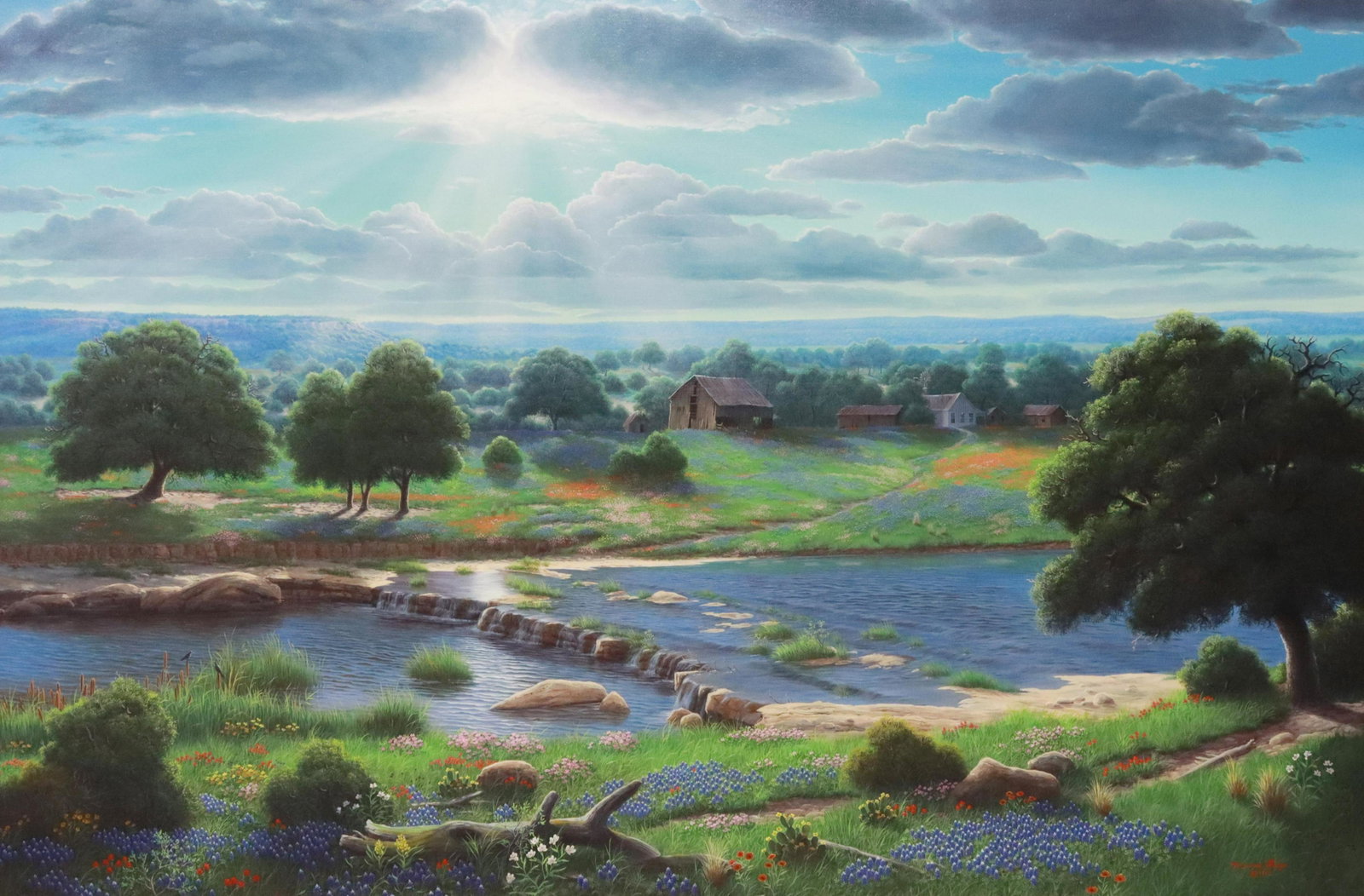 R.W. HEDGE (D.2010) 'PRECIOUS MEMORIES,' 48" X 72": Framed oil painting on canvas, "Precious Memories," signed lower right Ronnie Hedge (R.W. Hedge, Texas, 1954-2010), dated 1995, sight: approx 47.5"h, 71.5"w, overall: approx 60.75"h, 84.5"w, 54lbs Sta