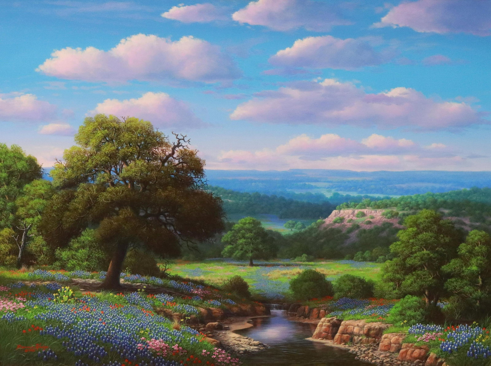 R.W. HEDGE (D.2010) BLUEBONNETS & STREAM, 30", 40": Framed oil painting on canvas, Bluebonnets with Stream, signed lower left Ronnie Hedge (R.W. Hedge, Texas, 1954-2010), dated 1995, sight: approx 29.5"h, 39.5"w, overall: approx 37"h, 47"w Start Price:
