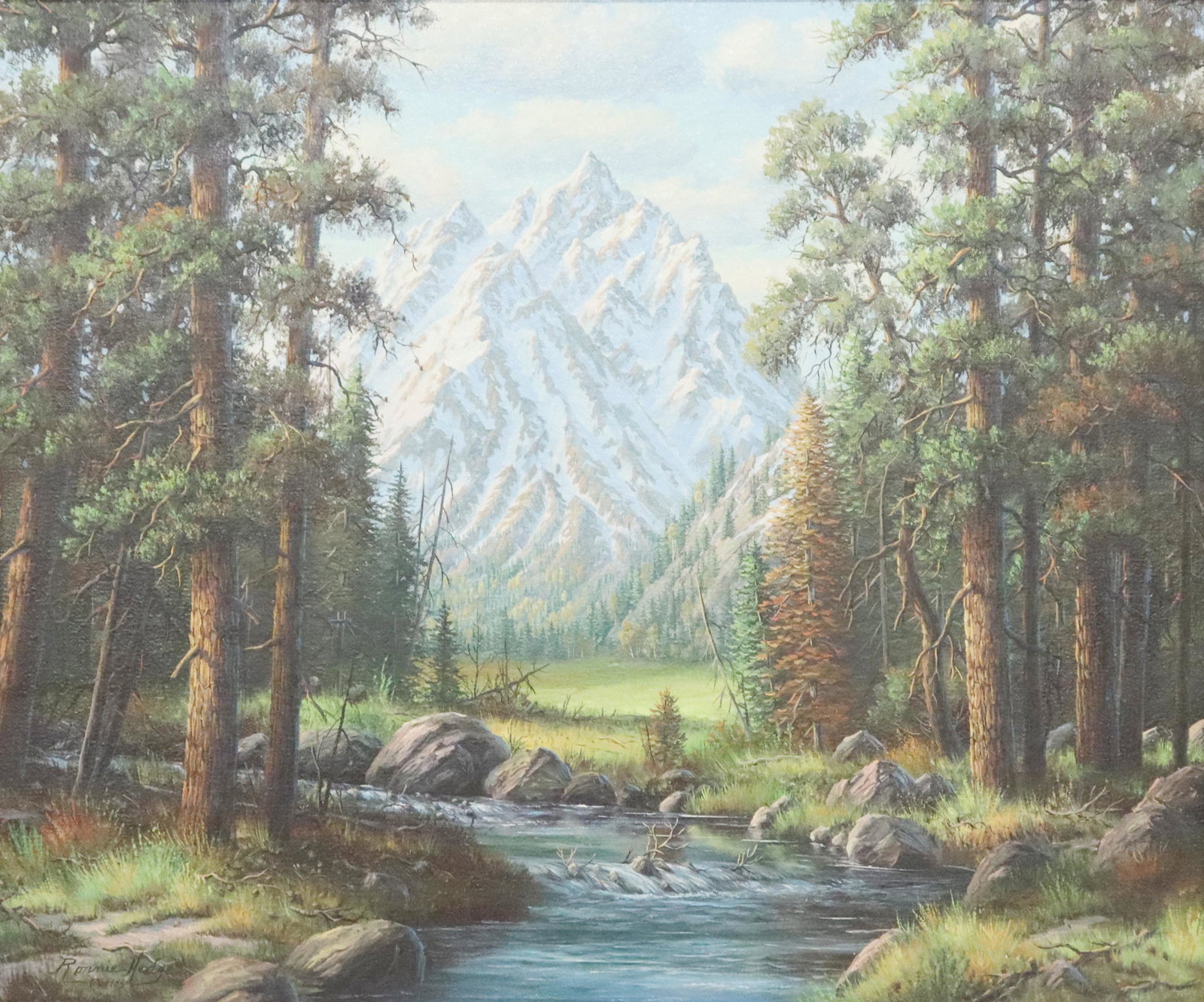 R.W. HEDGE (1954-2010) MOUNTAIN CREEK, 20" X 24": Framed oil on canvas painting, Mountain Forest with Creek, signed lower left Ronnie Hedge (R.W. Hedge, Texas, 1954-2010), dated 1983, sight: approx 19.25"h, 23.25"w, overall: 26.25"h, 30.25"w, 5.5lbs 