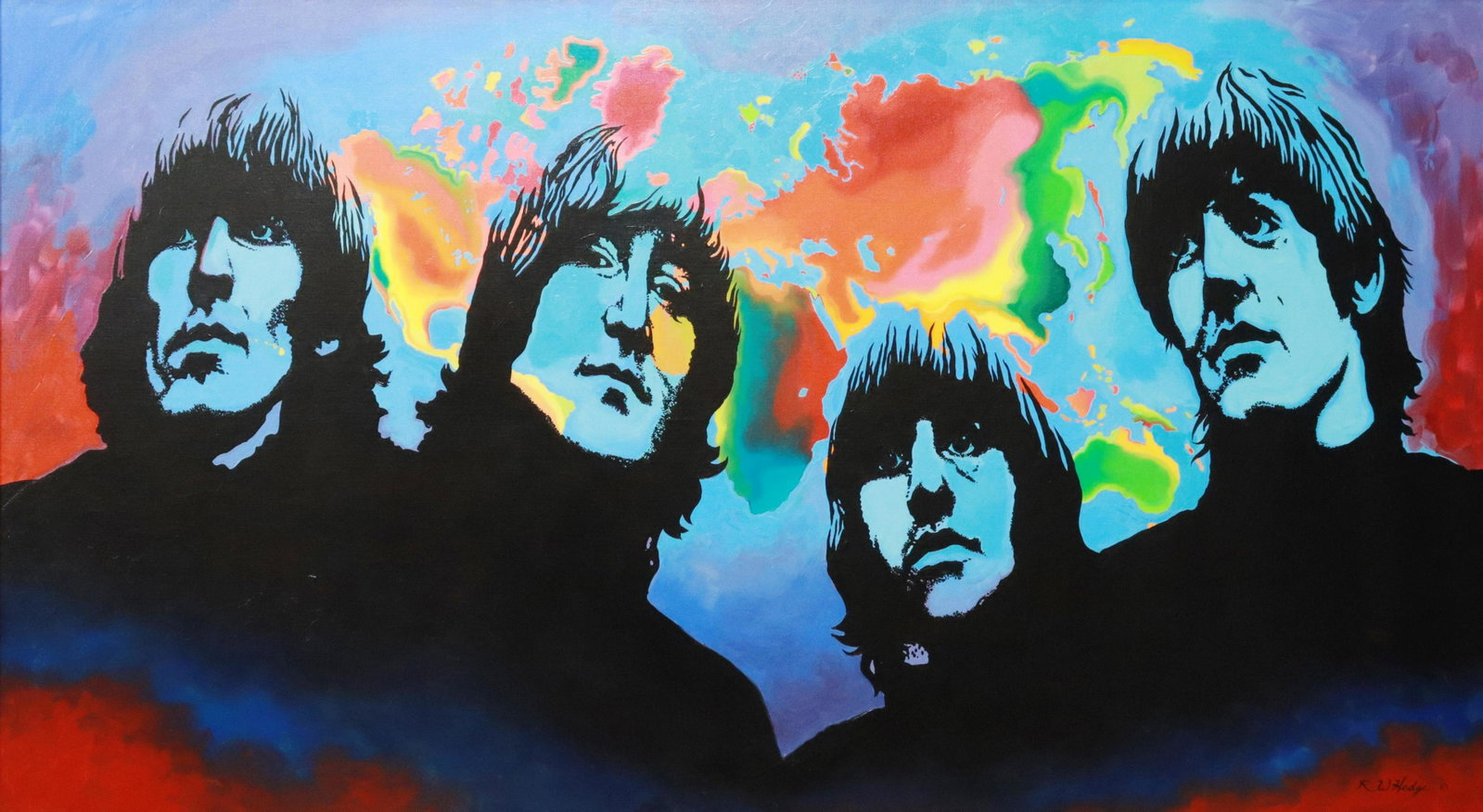 R.W. HEDGE (1954-2010) 'THE BEATLES', 40" X 72": Framed oil painting on canvas, "The Beatles (changed the world)," signed lower right RW Hedge (Ronnie Hedge, Texas, 1954-2010), sight: approx 39.5"h, 71.5"w, overall: approx 51.75"h, 83.5"w, 44.25lbs 
