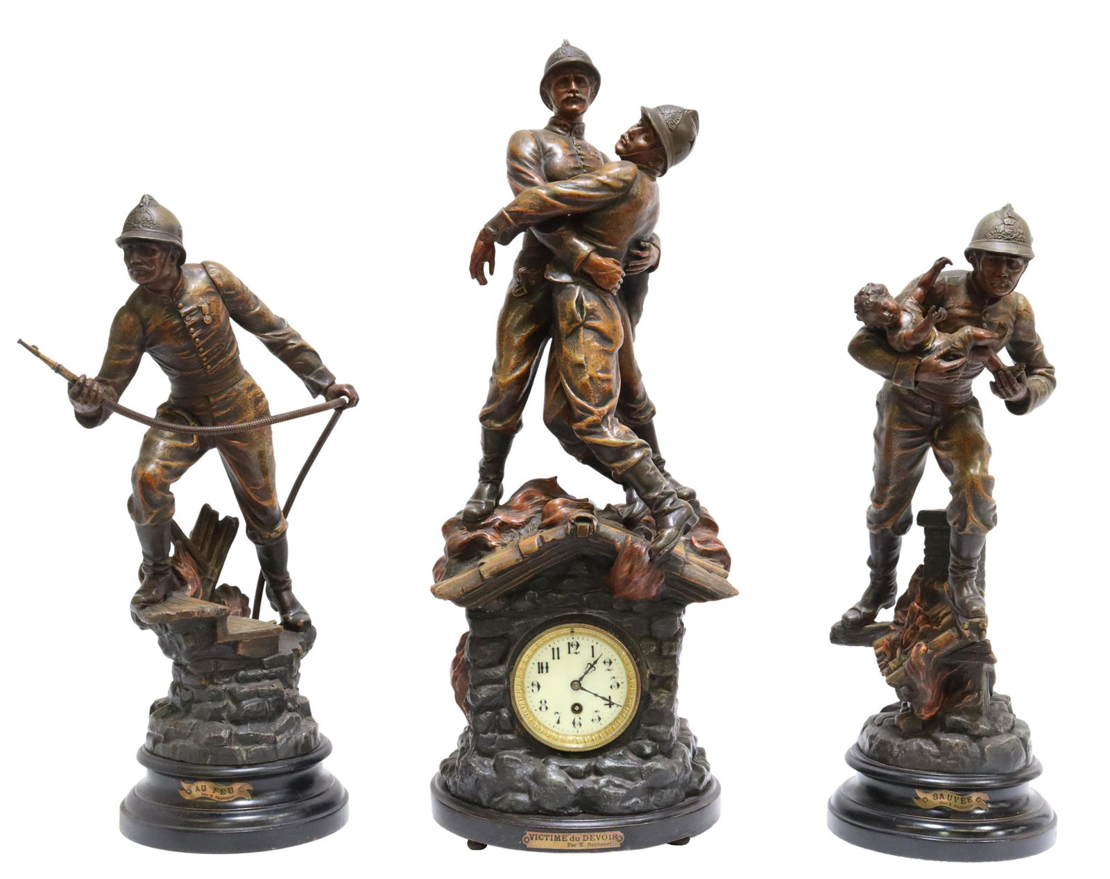 (3) FRENCH FIGURAL FIREMEN MANTEL CLOCK SET: (lot of 3) French figural mantel set, early 20th c., patinated metal firemen after Xavier Raphanel (French, 1876-1957), including: (1) shelf clock, "Victime du Devoir," enamel dial with Arabic numeral
