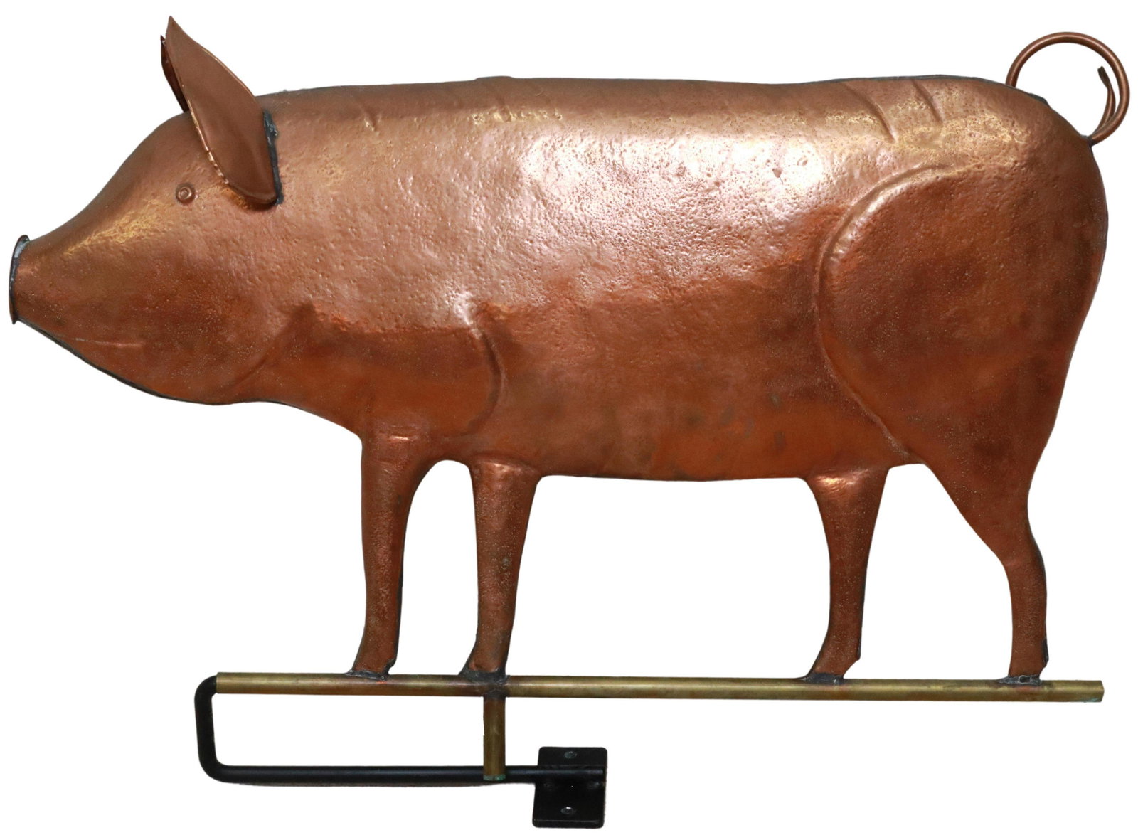 AMERICAN COPPER & METAL PIG FIGURAL WEATHERVANE: Copper and metal figural weathervane, 20th c., modeled as a standing pig, on tubular steel mount, marked "Made in USA" at base, approx 22"h, 32"w, 5"d Start Price: $150.00