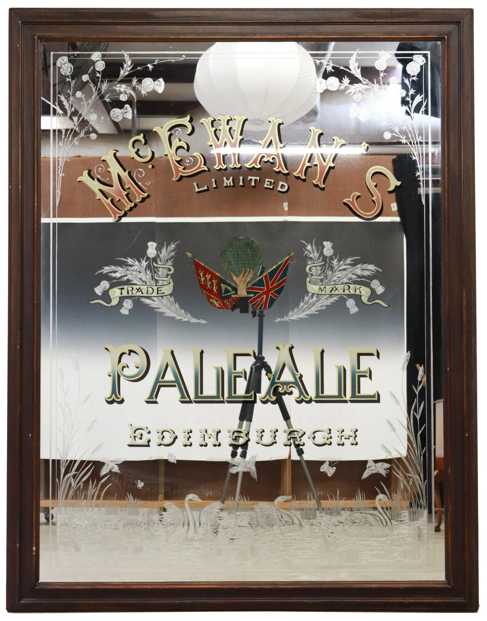 LARGE SCOTTISH FRAMED PUB MIRROR, McEWANS PALE ALE: Large Scottish framed pub mirror, late 20th c., McEwan's Limited Pale Ale, in a stepped wood frame, approx 72"h, 56"w, 90lbs Start Price: $250.00