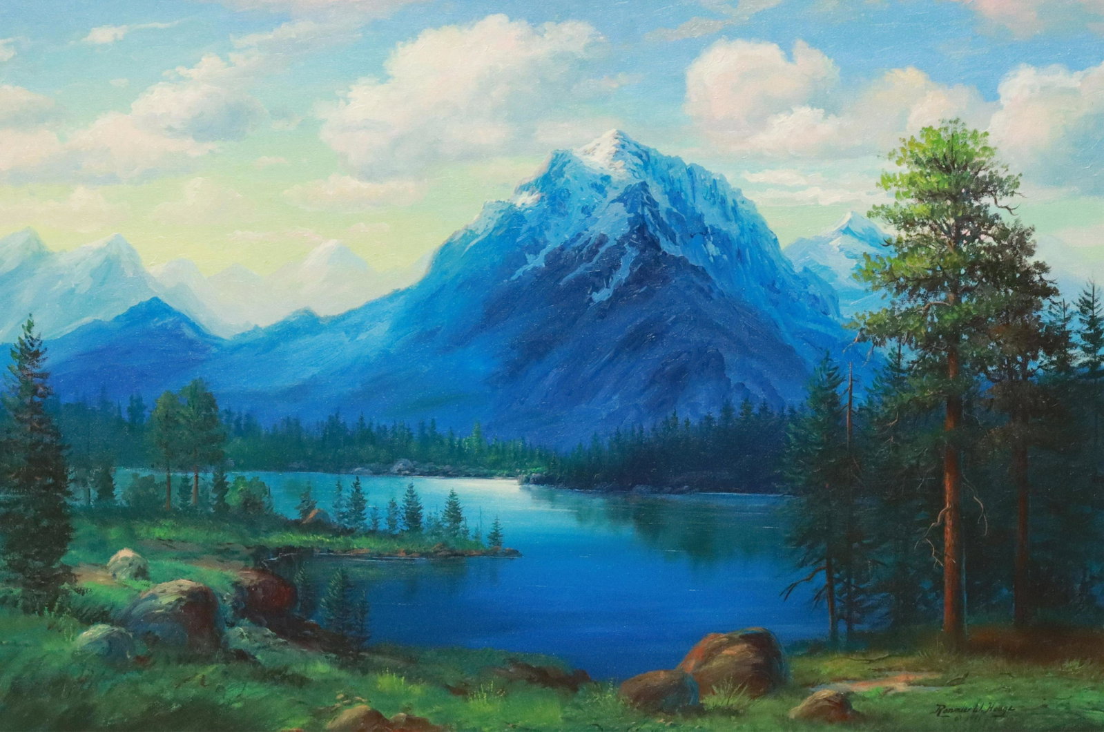R.W. HEDGE (D.2010) MOUNTAIN LANDSCAPE, 24" X 36": Framed oil on canvas painting, "Blue Bell," signed lower right Ronnie W. Hedge (R.W. Hedge, Texas, 1954-2010), dated 1981, titled verso, sight: approx 23.5"h, 35.5"w, overall: 32.25"h, 44.25"w, 10.5lb