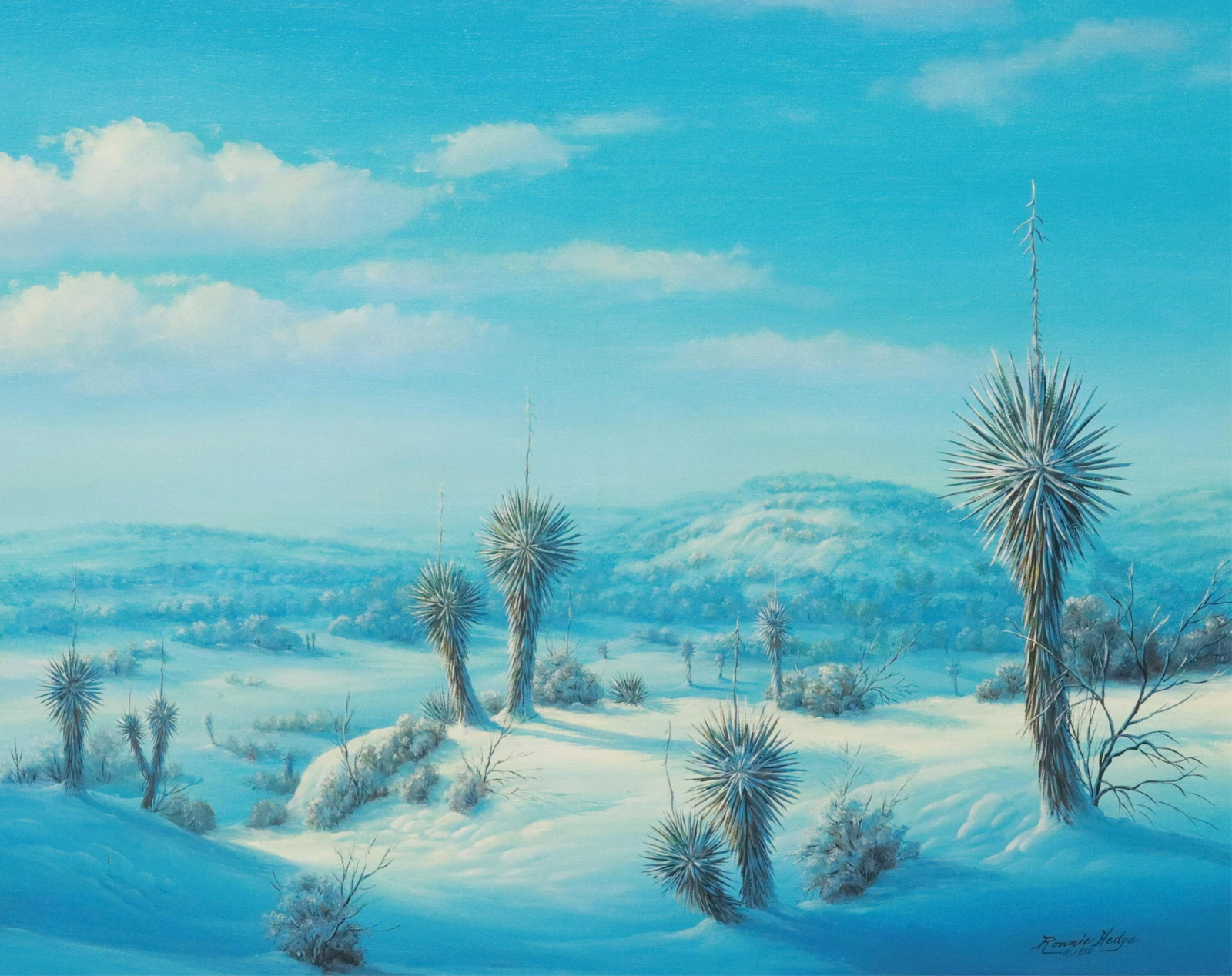 R.W. HEDGE (1954-2010) WINTER LANDSCAPE, 24" X 30": Framed oil on canvas painting, Snowy Southwestern Landscape, signed lower right Ronnie Hedge (R.W. Hedge, Texas, 1954-2010), dated 1982, sight: approx 23.25"h, 29.25"w, overall: 31"h, 37"w, 9lbs Start