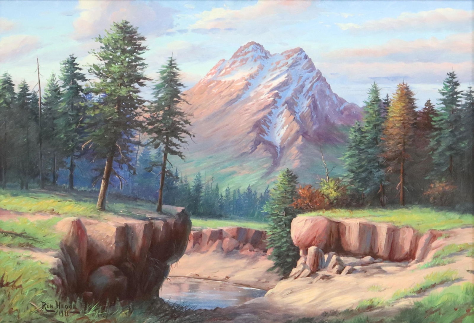 R.W. HEDGE (D.2010) MOUNTAIN LANDSCAPE 23" X 33.5": Framed oil on Masonite painting, Mountain Landscape with Ravine, signed lower left Ron Hedge (R.W. Hedge, Texas, 1954-2010), dated 1981, sight: approx 23"h, 33.5"w, overall: 34.75"h, 45.25"w, 17.25lbs