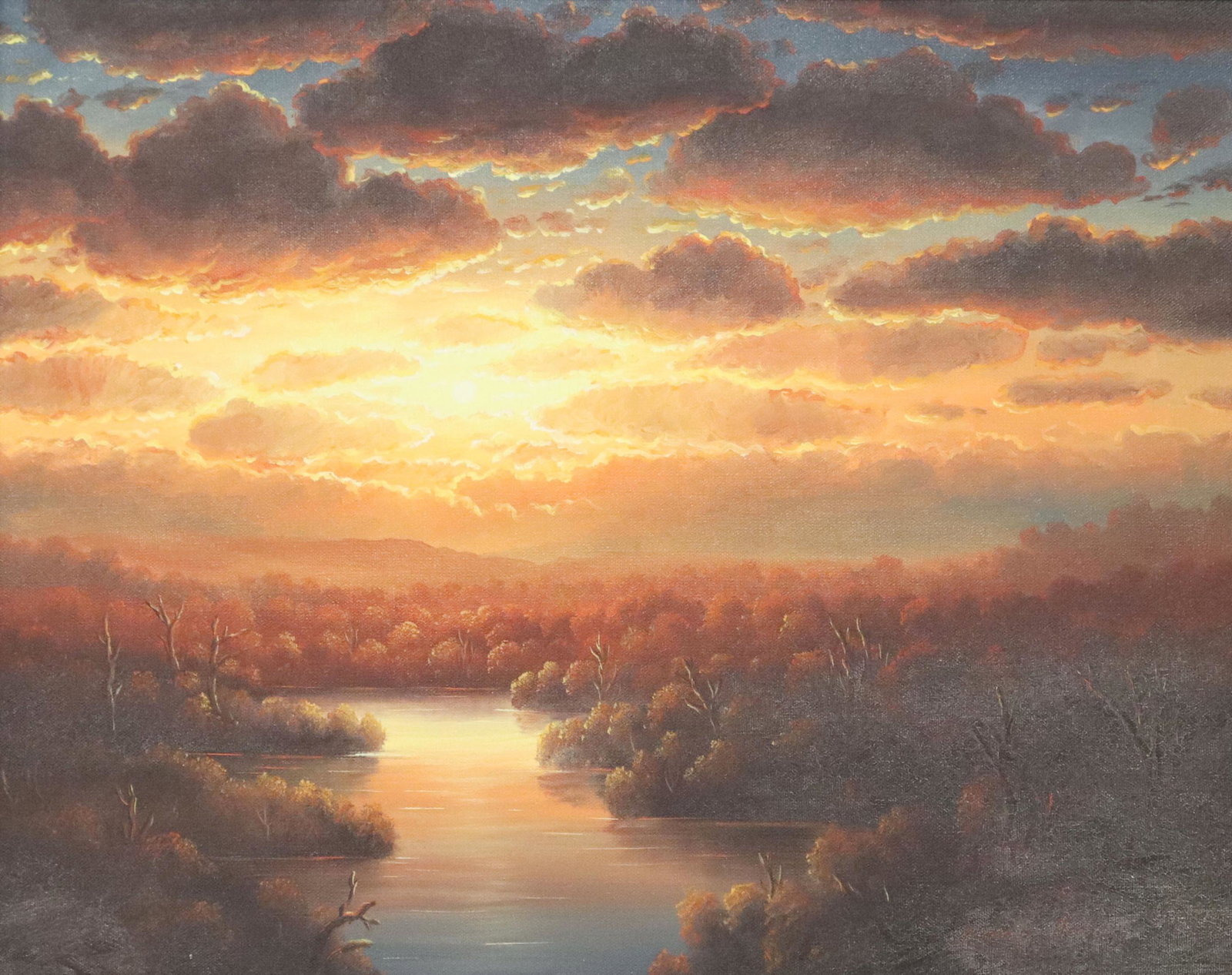 R.W. HEDGE (1954-2010) 'SUNSET' O/C, 16"H X 20": Framed oil painting on canvas, "Sunset," signed lower right Ronnie Hedge (R.W. Hedge, Texas, 1954-2010), dated 1983, sight: approx 15.5"h, 19.5"w, overall: approx 23.25"h, 27.5"w, 8.5lbs Start Price: 