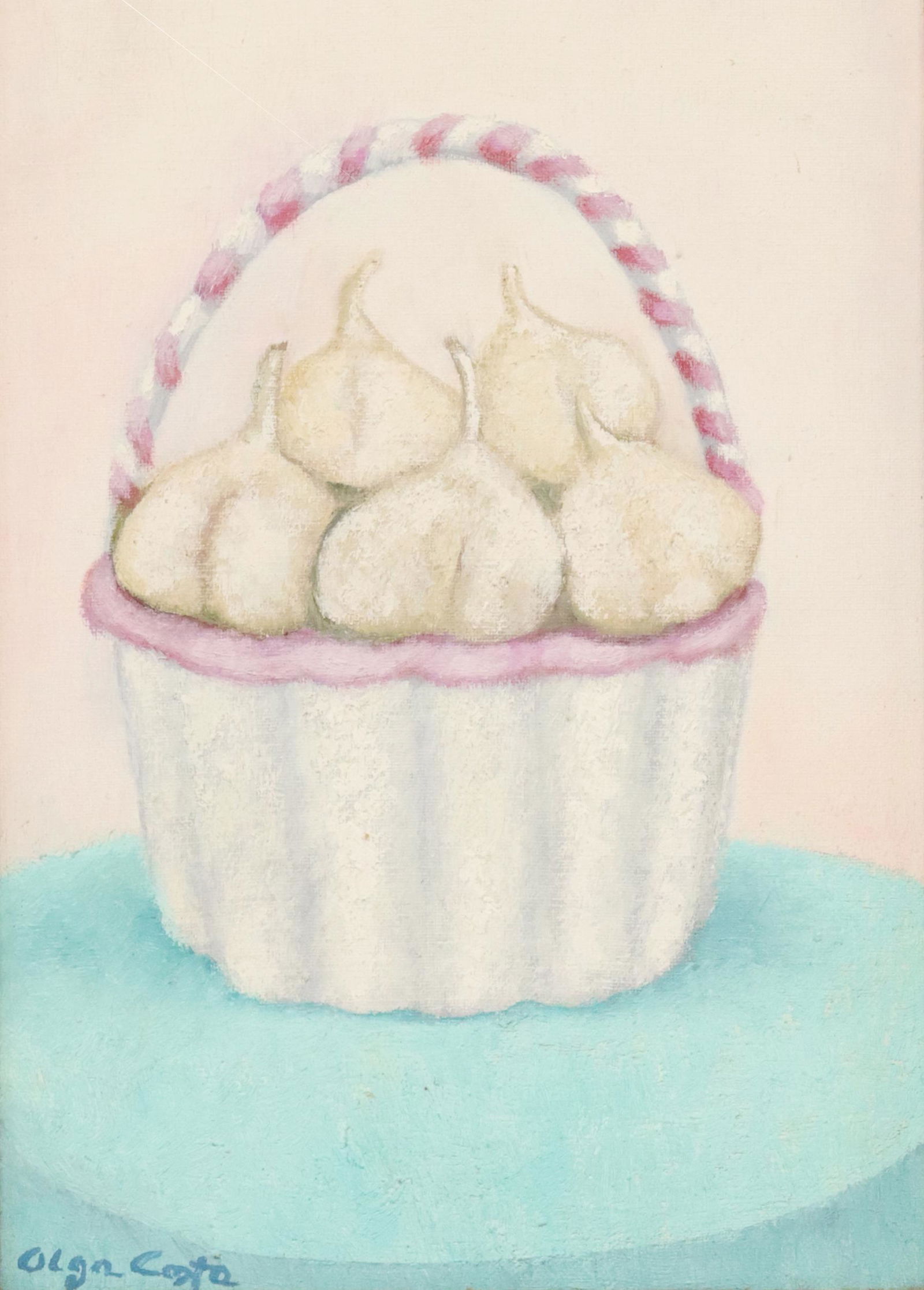 OLGA COSTA (1913-1994) PAINTING 'CANASTA CON AJOS': Framed oil on canvas painting, "Canasta con Ajos" (Basket with Garlic), signed lower left Olga Costa (active in Mexico, 1913-1994), Galeria de Arte Mexicano label verso dated 1969, sight: approx 13.5"
