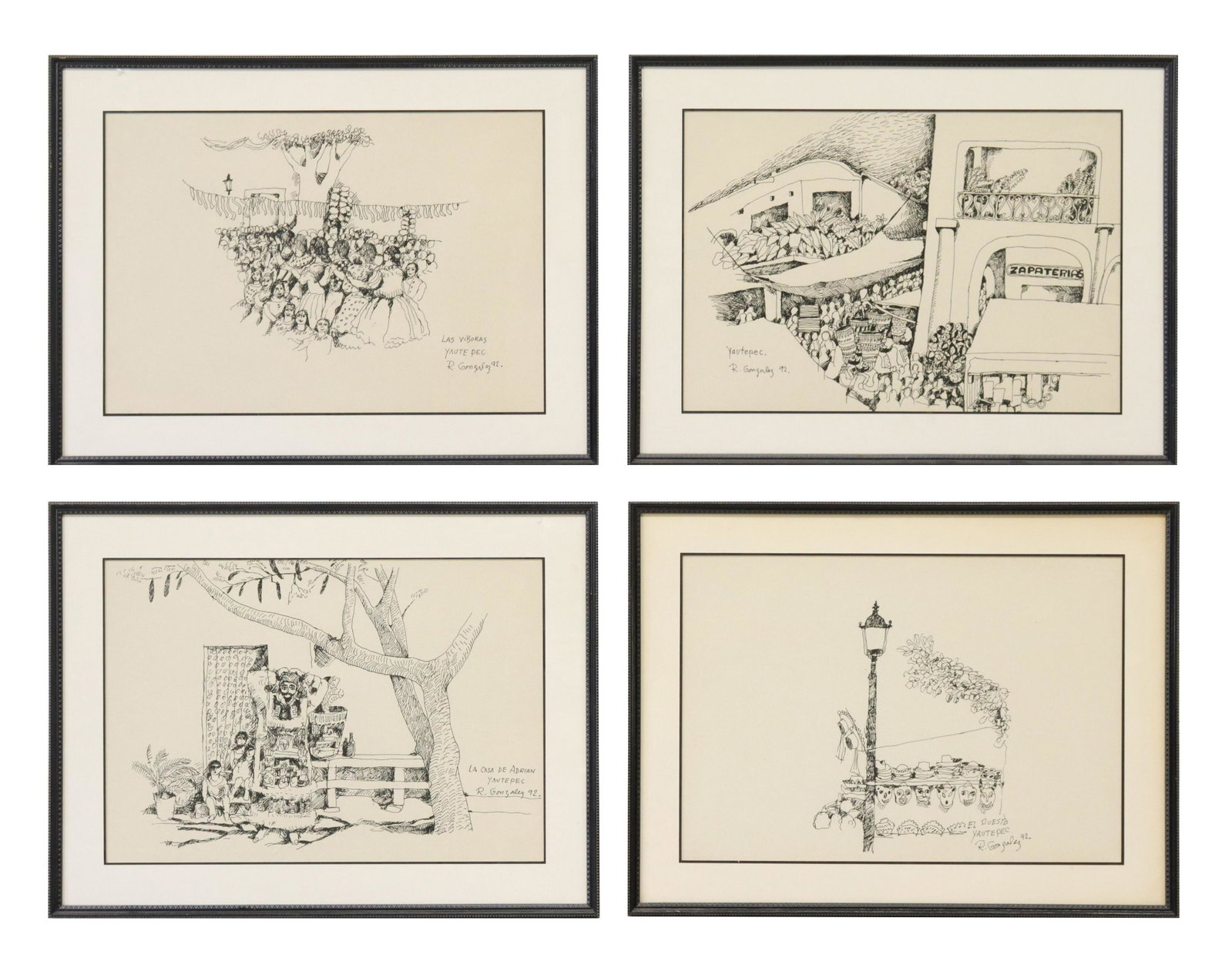 (4) RAYMUNDO GONZALEZ (B.1950) DRAWINGS YAUTEPEC: (lot of 4) Framed ink drawings on paper, signed R. Gonzales (Raymundo Gonzalez, Mexican, b.1950), dated [19]92, including: (1) "La Casa de Adrian, Yautepec," signed lower right, (1) "Las Viboras, Yaut