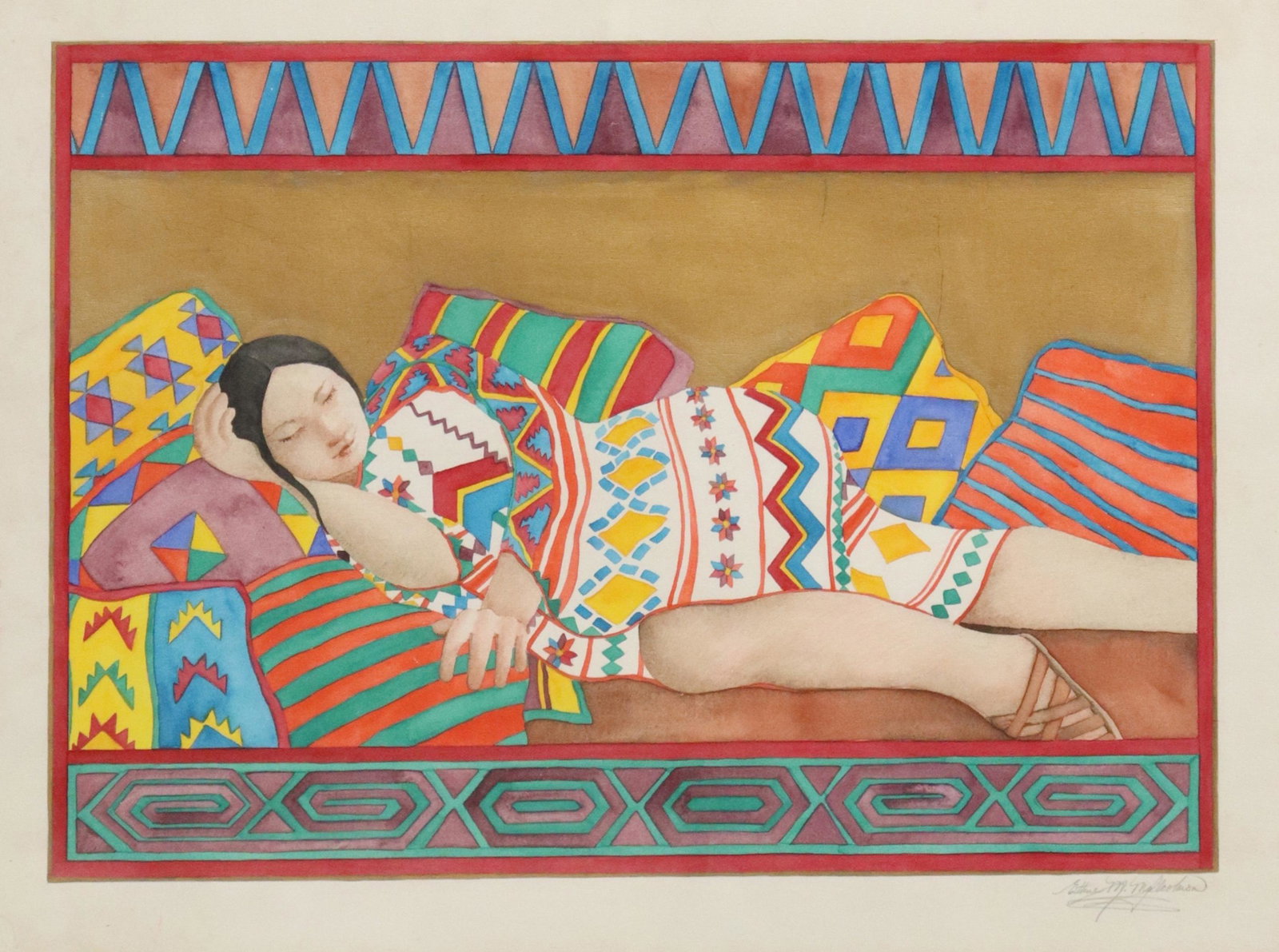 SIGNED WATERCOLOR PAINTING LA SIESTA: Framed watercolor painting on paper, La Siesta, signed lower right, sheet: 23"h, 31.5"w, overall: 29.5"h, 37.5"w, 11.5lbs **Provenance: From the estate of Margaret "Candy" Becker (Austin, Texas 1942-2