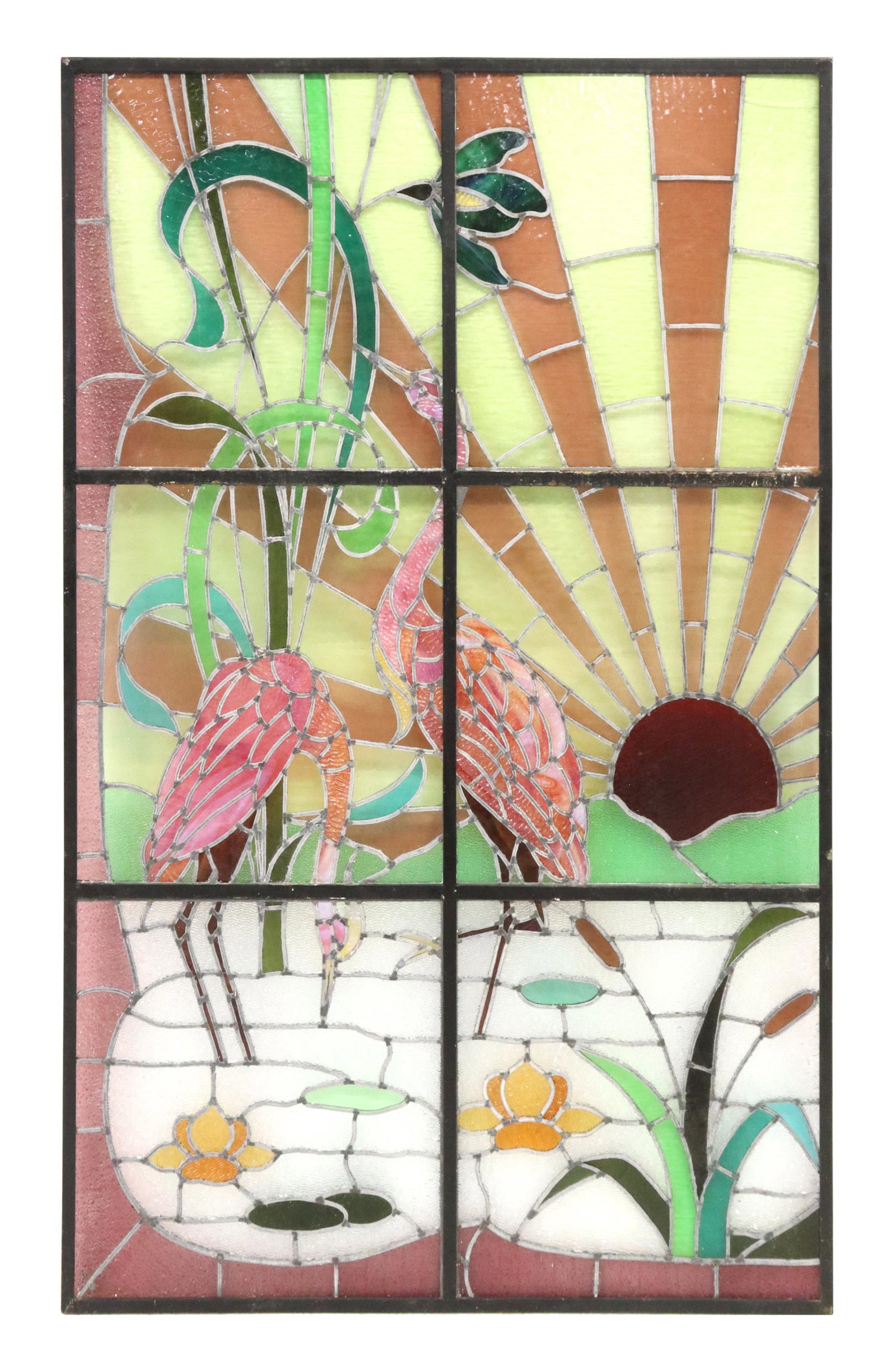 STAINED & LEADED GLASS CRANES IN WATER, 67" X 46": Stained and leaded glass panel, with multiple panes, cranes standing in water, with foliate and sun burst accents, pane at upper right intact with hairline, approx 67.25"h, 46"w Start Price: $300.00