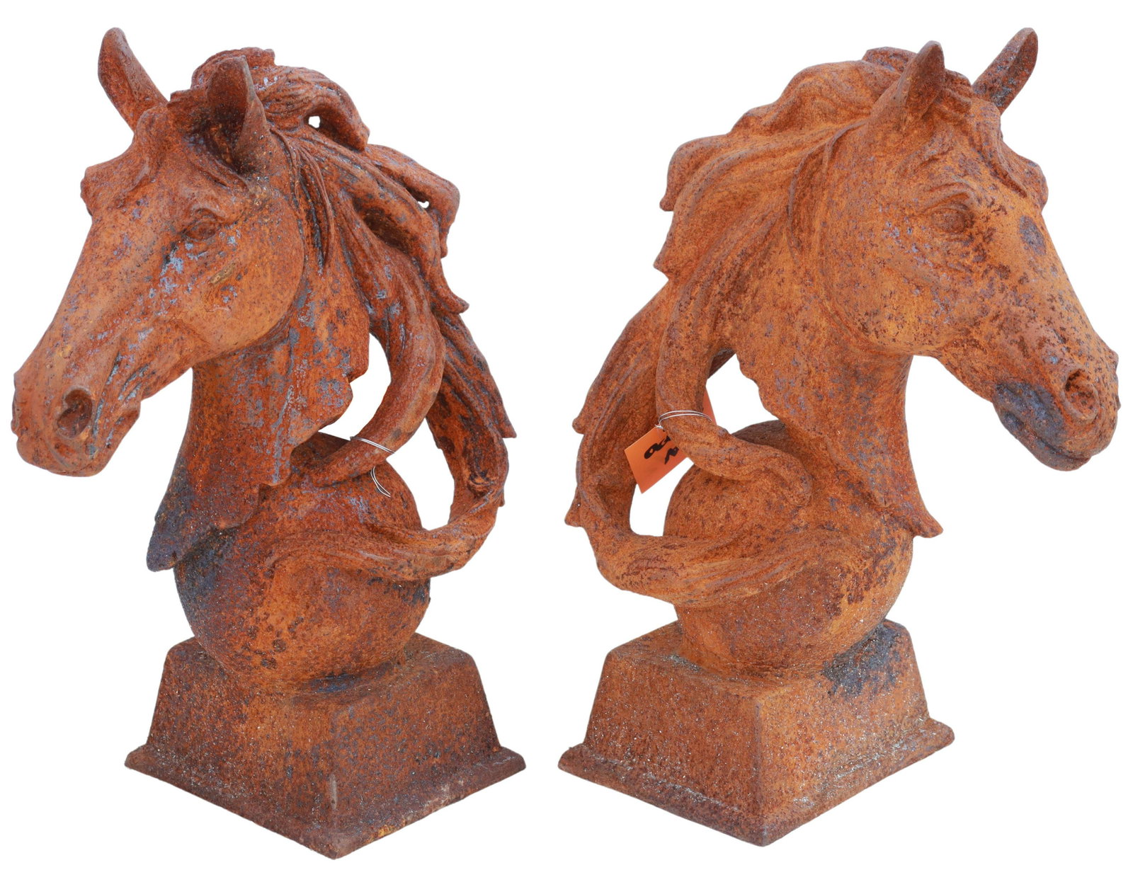 (2) CAST IRON HORSE HEAD GATE POST FINIALS: (pair) Cast iron architectural elements, likely gate post finials, late 20th c., in the form of a horse heard on sphere, rising on plinth base, oxidized finish, approx 18"h, 7"w, 12"d; 58lbs total Sta
