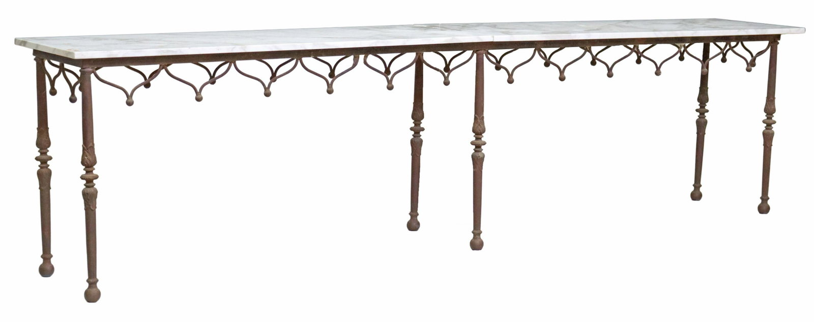 FRENCH MARBLE-TOP CAST IRON CONSERVATORY TABLE: French conservatory or pastry/ bakery table, early 20th c., two-piece marble top, cast iron base, rising on legs decorated with acanthus bands, approx 30.5"h, 120"l, 20"w **Provenance: From the estate
