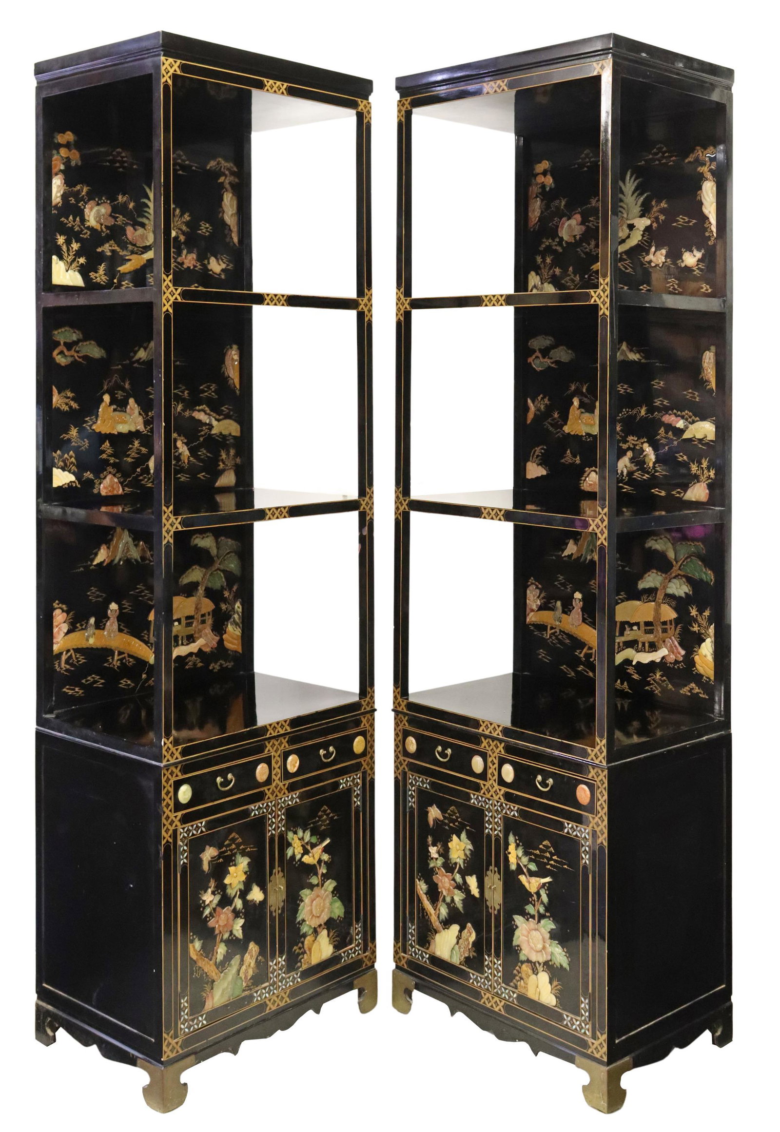 (2) CHINESE STONE INLAID & BLACK LACQUER ETAGERES: (pair) Chinese black lacquered and parcel gilt etageres, in two parts, 20th c., having three open display shelves, backed with inlaid bone and hardstone figural scenes, rising on lower cabinet, fitted