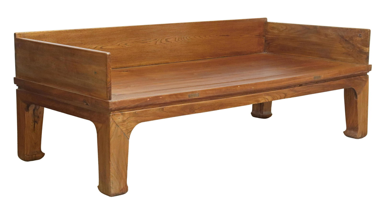 LARGE CHINESE ELMWOOD DAYBED: Chinese elmwood daybed, having low back and side supports, rising on block feet, approx 31"h, 84.5"w, 39"d, seat height: approx 20"h Start Price: $175.00