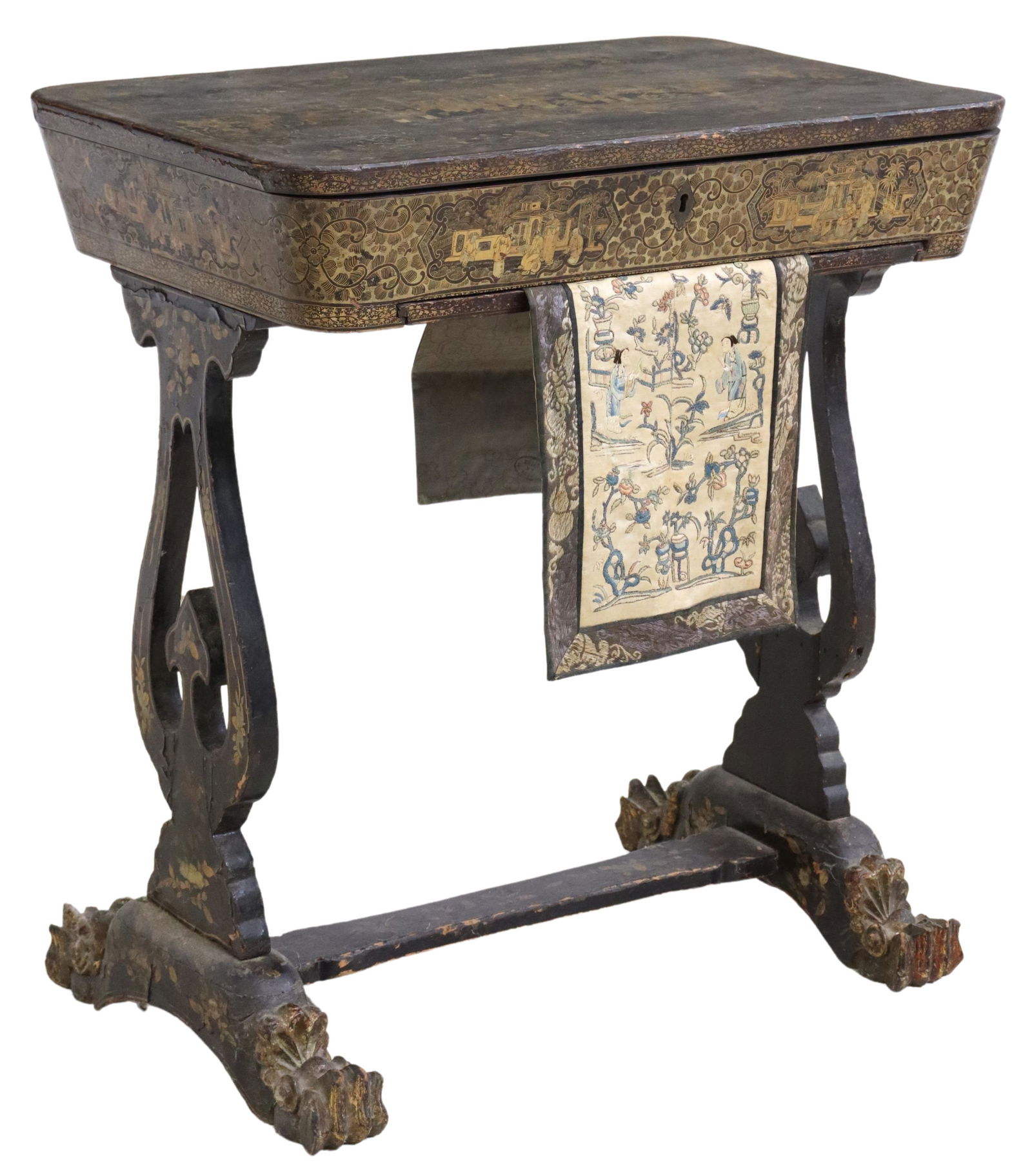 CHINESE EXPORT BLACK LACQUERED SEWING/ WORK TABLE: Chinese Export black lacquered work/ sewing table, 19th c., lacquered papier mache hinged lid, ornamented with figural scenes, opening to parcel gilt interior gallery, with carved bone knobs to compar