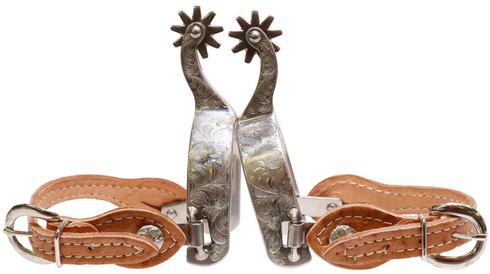 FRANCOIS GAUTHIER REINING ENGRAVED SHOW SPURS: (pair) Western stainless steel finish spurs, Francois Gauthier, engraved outside heelband, 1.25" rowels, nine points, ostrich leather straps, marked FG inside heelband, yoke: approx 3"w, 3.25"d, 1.25l
