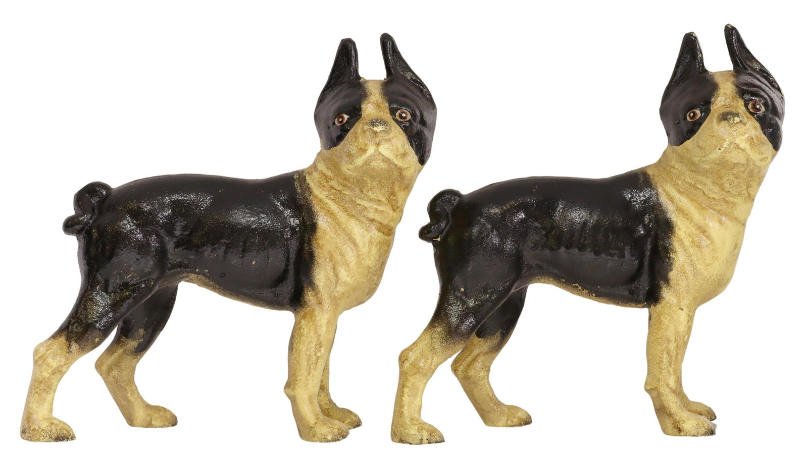 (2) PAINTED CAST IRON BOSTON TERRIER DOORSTOPS: (lot of 2) Cast iron Boston terrier doorstops, 21st c., after Hubley Manufacturing Company, approx 10"h, 9.75"w, 4"d, 16.25lbs Start Price: $100.00