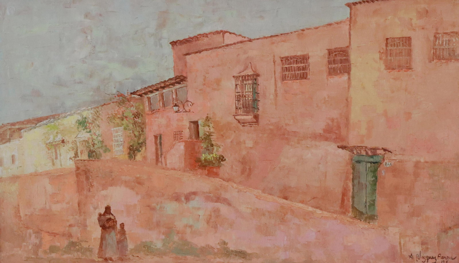 ANTONIO VASQUEZ PARRA (MX, D.1984) STREET SCENE: Framed oil on canvas painting, Street Scene, signed lower right A. Vasquez Parra (Antonio Vasquez Parra, Mexican, 1927-1984), dated 1969, Bradford Gallery label verso, sight: approx 17"h, 28.75"w, ove