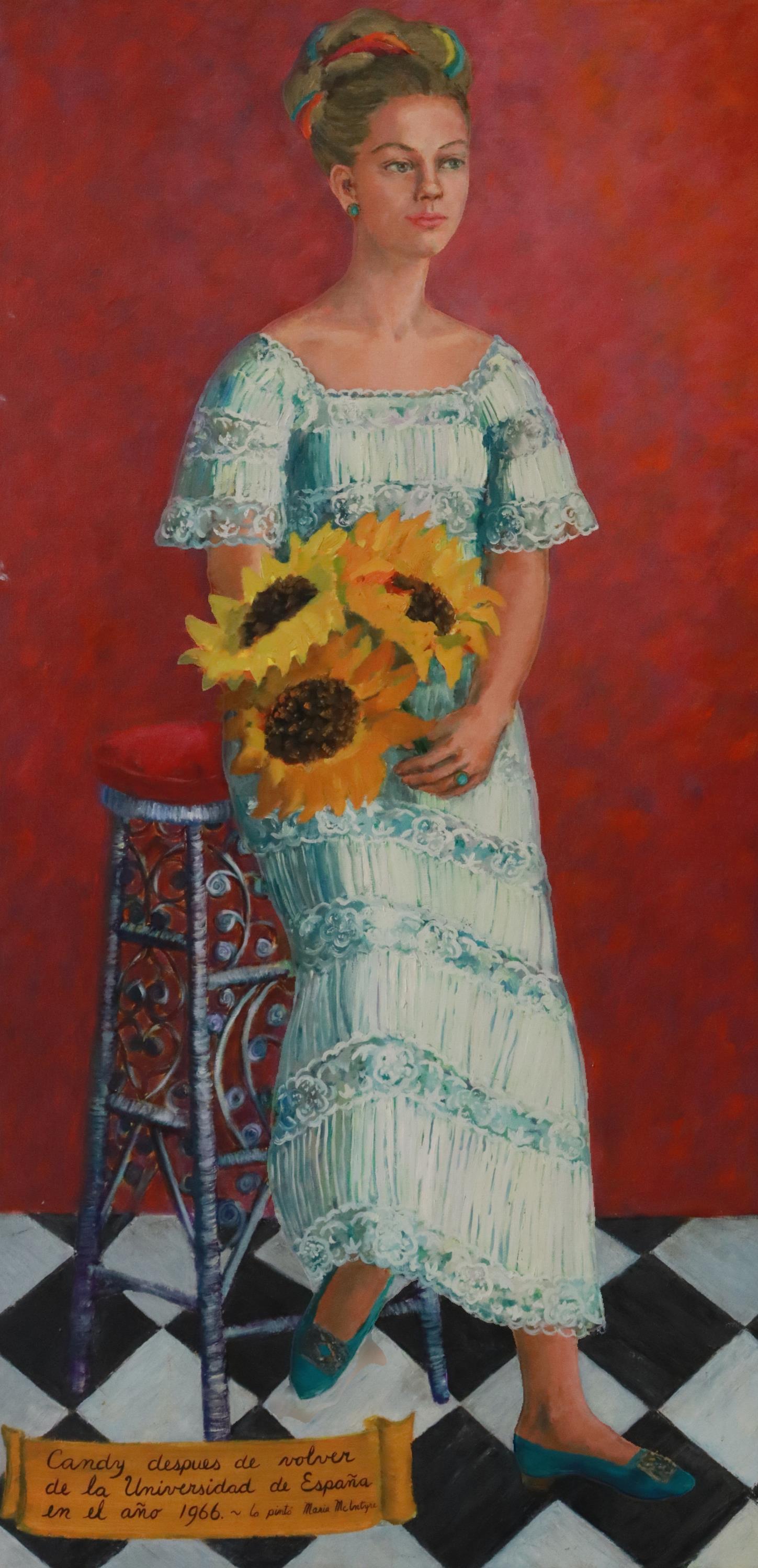 MARIA McINTYRE (20TH) PORTRAIT OF CANDY, 72" X 36": Unframed oil on stretched canvas painting, Full Length Portrait of Candy with Sunflowers, Margaret "Candy" Gray Becker (Austin, Texas, 1942-2022), inscribed: "Candy despues de volver de la Universidad