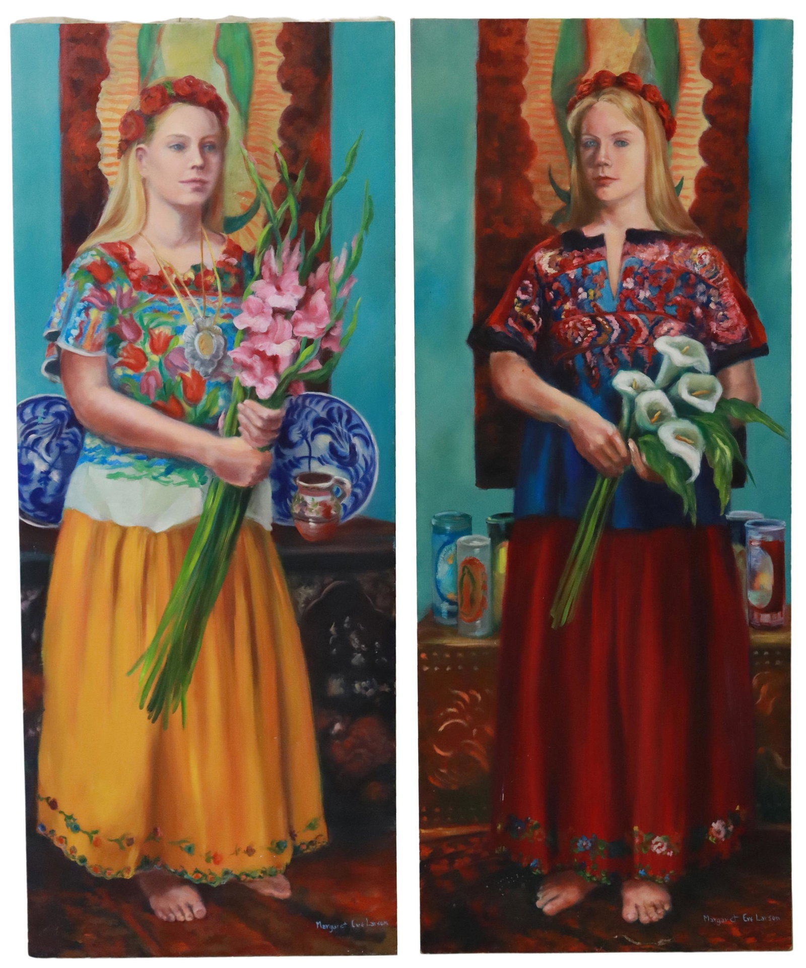 (2) MARGARET EVE LARSON (TX) PORTRAITS, 60" X 24": (lot of 2) Unframed oil on stretched canvas paintings, signed lower right Margaret Eve Larson (Austin, Texas, 20th c.), including: (1) Portrait of a Young Woman with Calla Lilies, (1) Portrait of a Yo