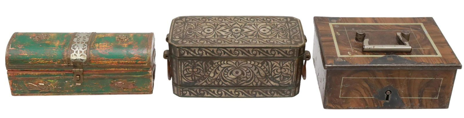 (3) SILVER-INLAID BETEL NUT BOX & STEEL STRONG BOX: (lot of 3) Decorative boxes, including: (1) silver-inlaid betel nut box, likely from the Philippines, with copper handles, three interior lidded compartments, approx 3.25"h, 7.5"w, 3.25"d, (1) grain p
