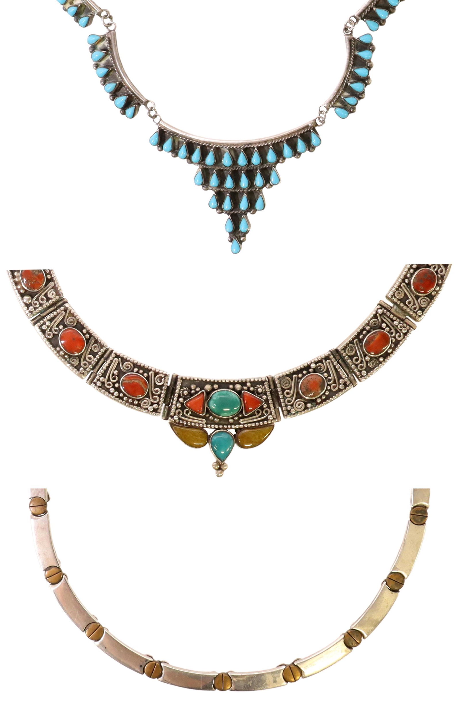 (3) MEXICAN 925 STERLING COLLAR NECKLACES: (lot of 3) Estate 925 sterling necklaces, Mexico, including: (1) articulated collar necklace, bead and scroll accents, on eleven hinged links, set with red coral and blue and yellow insets, turquoise 