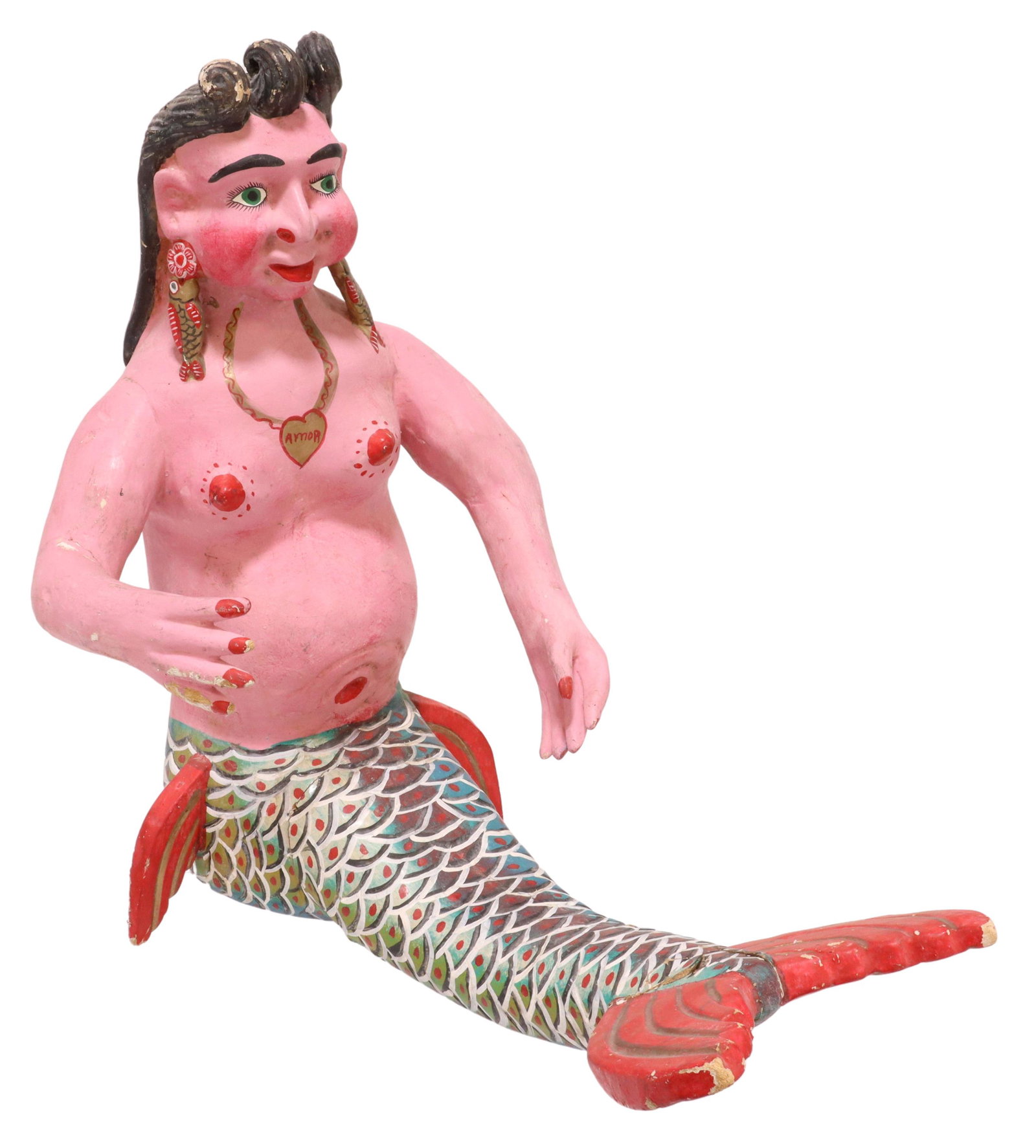 FOLK ART CARVED WOOD MERMAID STATUE, MEXICO: Mexican folk art wood mermaid statue, polychrome painted, in a seated position, accented with carved fish earrings and painted necklace, repair to tail, approx 22.5"h, 13.25"w, 21"d, 5.8lbs **Provenan