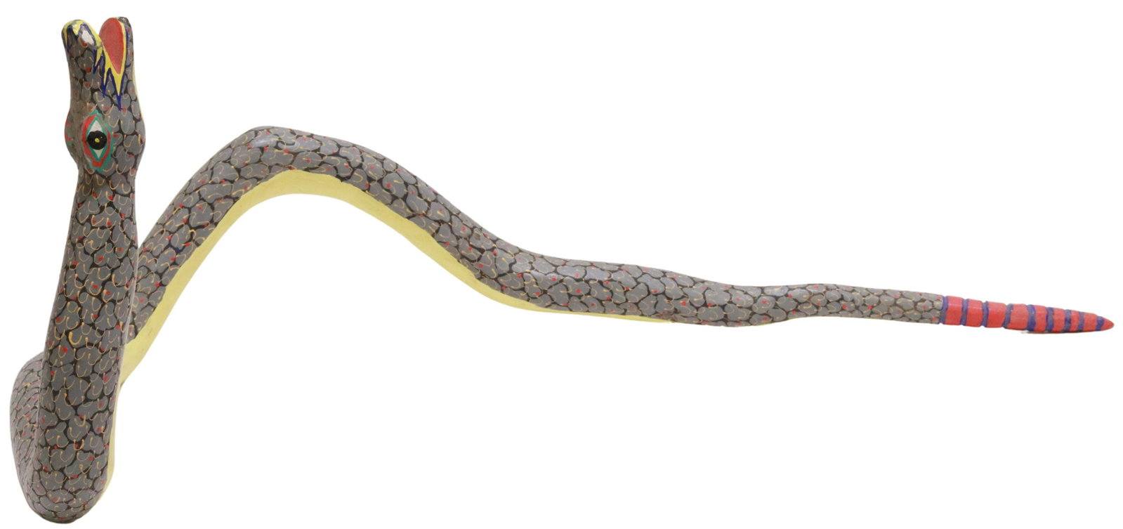 AVELARDO MORALES CARVED SNAKE ALEBRIJE, OAXACA: Carved and painted wood animal figure alebrije, Snake, signed at underside Avelardo Morales, Arrazola, Oaxaca, Mexico, approx 9.5"h, 24.75"w, 13.5"d **Provenance: From the estate of Margaret "Candy" B