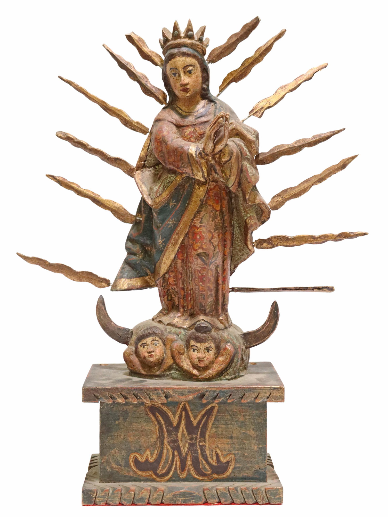 LARGE SANTOS, OUR LADY OF GUADALUPE, MEXICO: Polychrome painted religious santos/altar figure, Our Lady of Guadalupe, Mexico, with removable gilt cast resin ray accents, rising on plinth base, lacking (one) resin ray, approx 24"h, 19"w, 6.5"d, 8