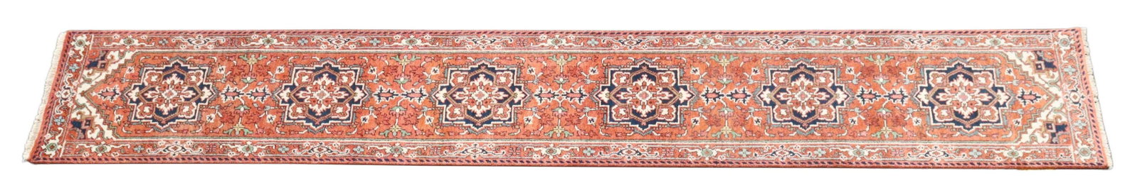 HAND-TIED INDO-SERAPI RUNNER, 15'9" X 2'6": Hand-tied Indo-Serapi runner, approx 15'9"l, 2'6"w Start Price: $150.00