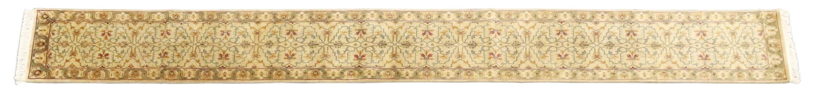 HAND-TIED INDO-JAIPOUR RUNNER, 19'8" X 2'7.25": Hand-tied Indo-Jaipour runner, approx 19'8"l, 2'7.25"w Start Price: $150.00