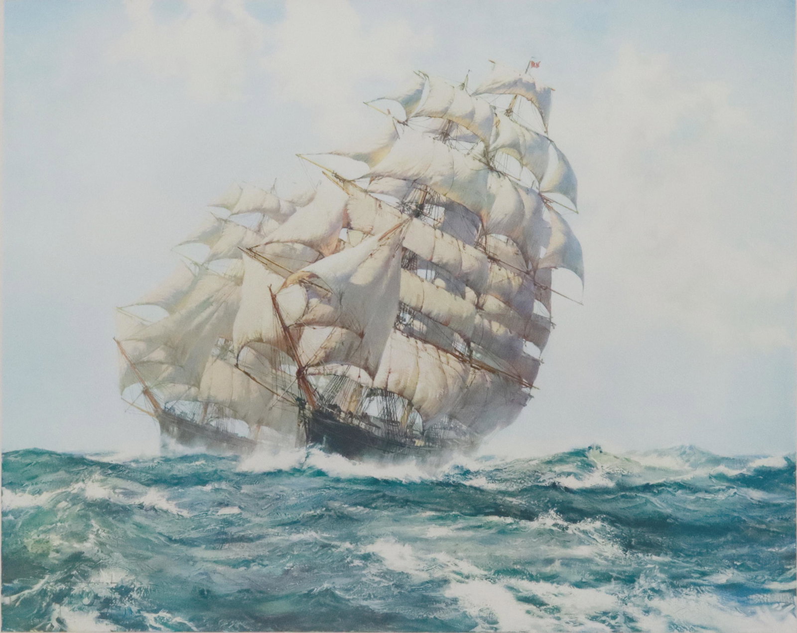 MONTAGUE DAWSON (D.1973) NAUTICAL SHIPS PRINT: Framed nautical print on paper, "Ariel and Taeping," pencil signed lower right Montague Dawson (England, 1895-1973), retaining Christie's Auction label verso, sight: approx 23.5"h, 30"w, overall: appr