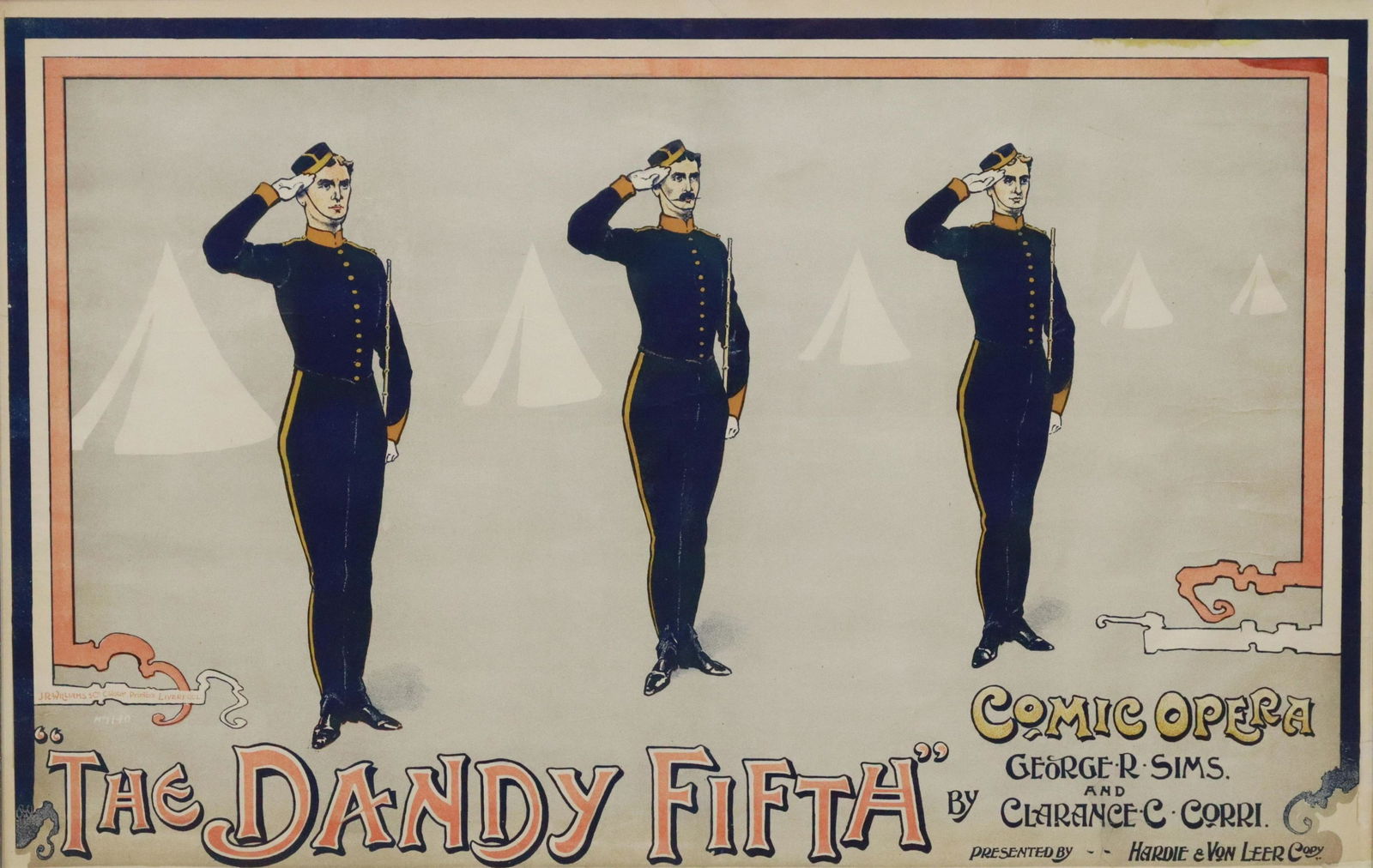 LITHOGRAPH ADVERTISING POSTER THE DANDY FIFTH: Framed lithograph on paper, poster for "The Dandy Fifth," Comic Opera by George Robert Sims (1847-1922) and Clarence Collingwood Corri (1863-1918), presented by the Hardie & Von Leer Company, printed