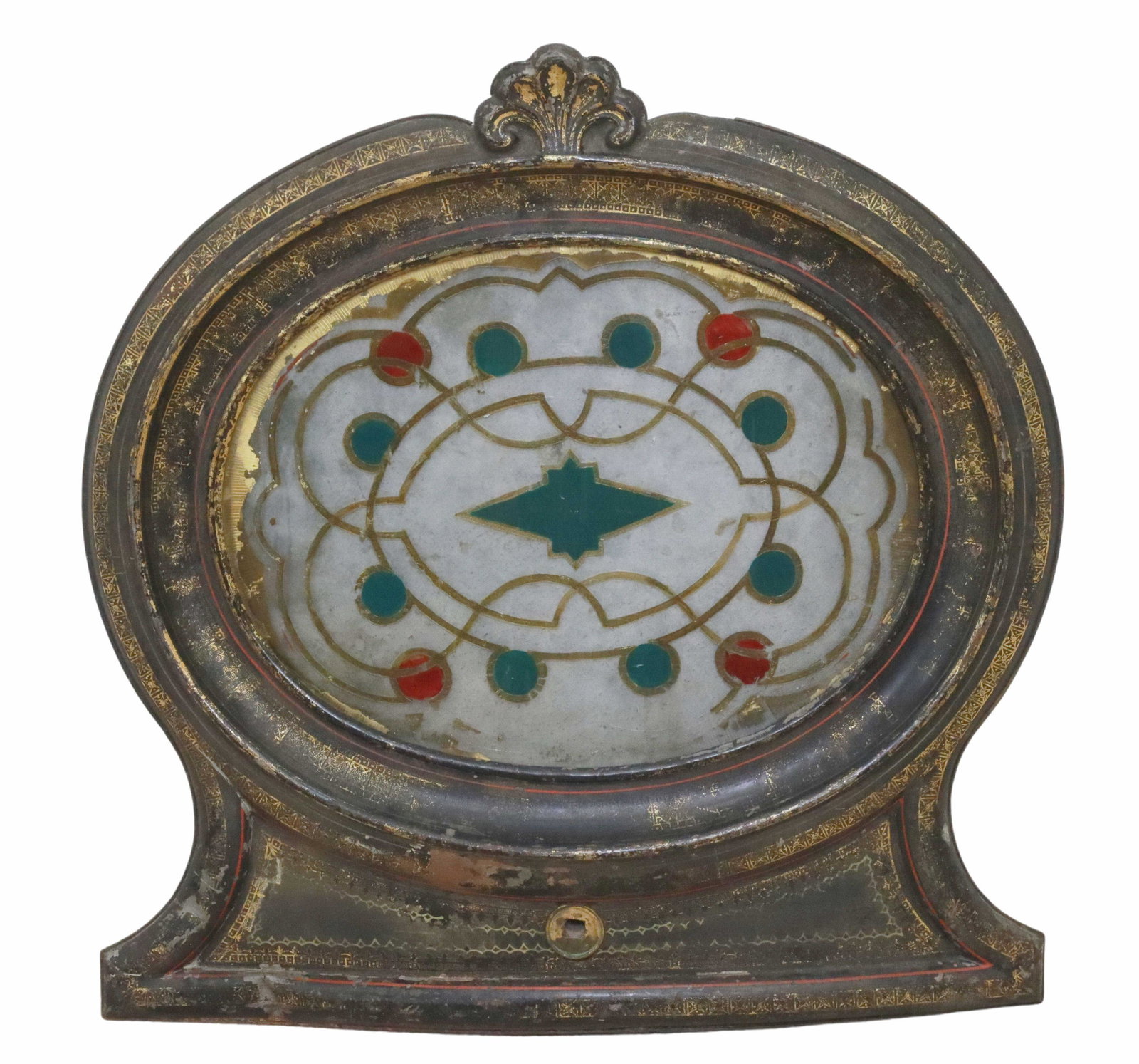 ARCHITECTURAL PARCEL GILT & TOLE WALL HANGING: Architectural parcel gilt and tole painted wall hanging, having shell crest, over reverse-painted glass roundel, approx 22.5"h, 22.75"w, 2.5"d, 8lbs Start Price: $80.00