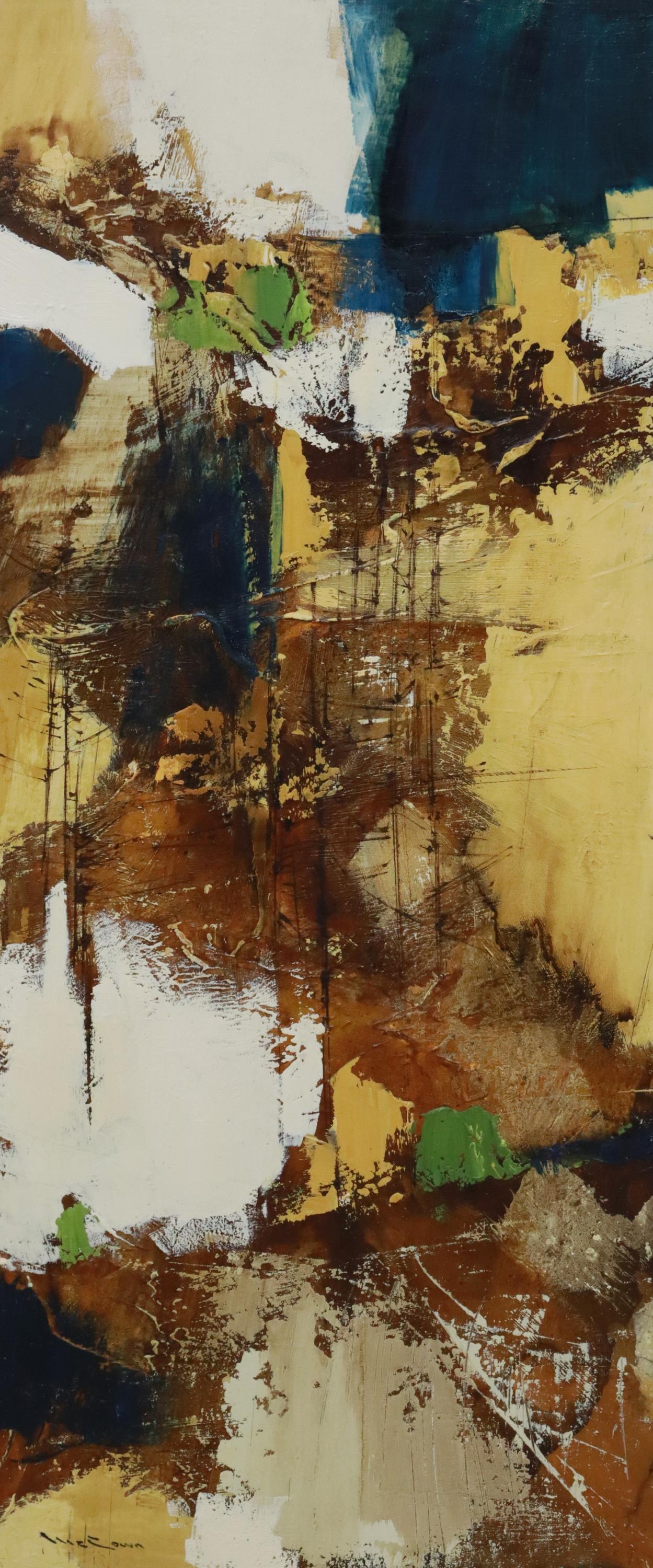 WALTER McCOWN (TX, 1932-1994) ABSTRACT 36" X 15.5": Mixed media painting on Masonite, Abstract Composition, signed lower left McCown (Walter Edwin McCown, Texas, 1932-1994), overall: approx 36"h, 15.5"w, 6lbs Start Price: $150.00