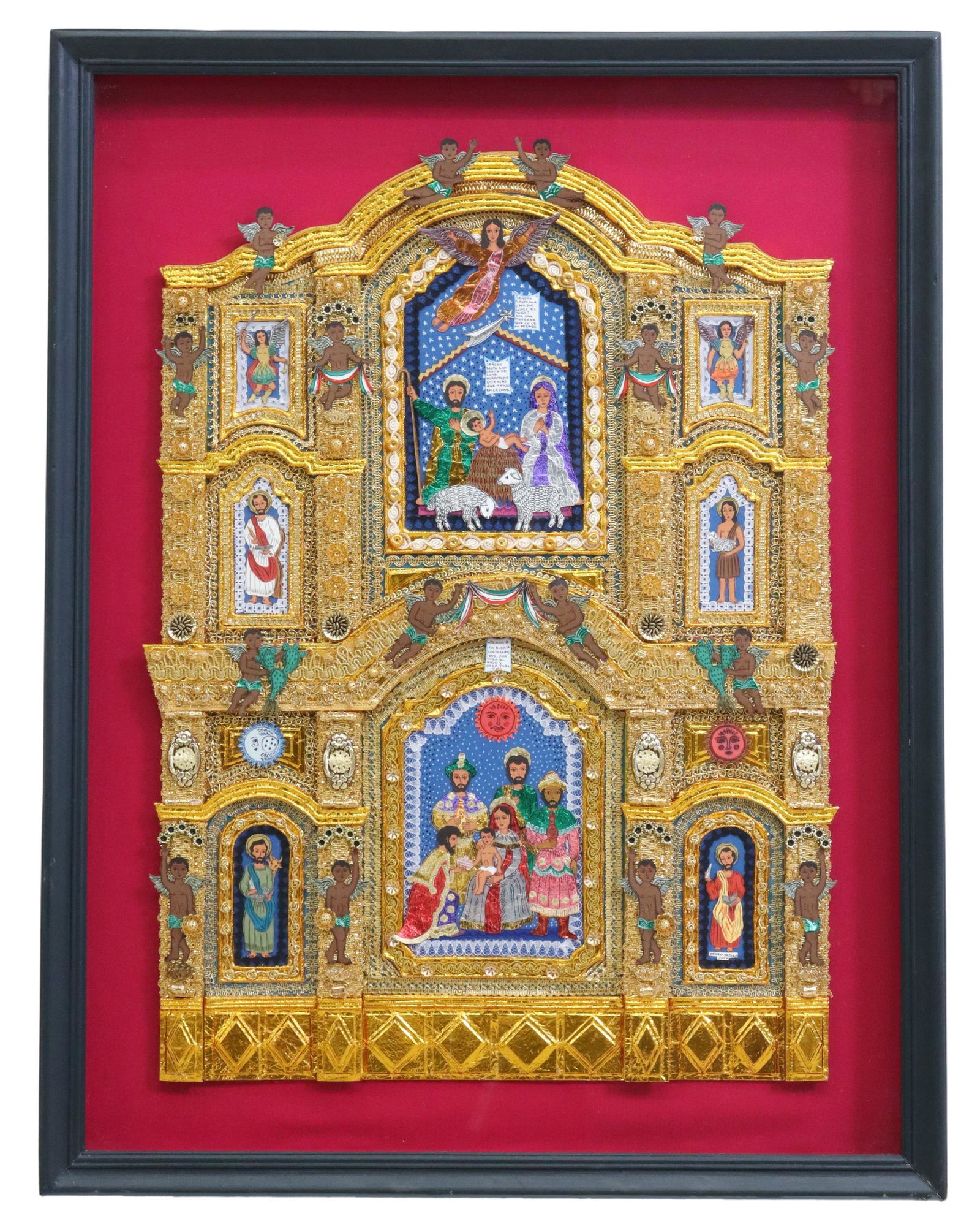 PEDRO ORTEGA LOZANO MEXICO MIXED MEDIA NATIVITY: Framed mixed media Nativity scene, signed Pedro Ortega (Pedro Ortega Lozano, Mexico, 20th c.), dated 2002, made in the papel picado and collage techniques, sight: approx 25.5"h, 19"w, overall: approx