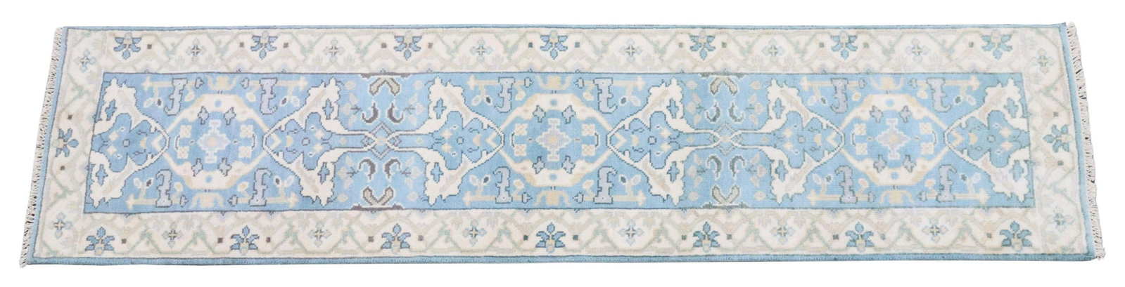 HAND-TIED INDO-OUSHAK RUNNER, 9'9.75" X 2'7.25": Hand-tied Indo-Oushak runner, approx 9'9.75"l, 2'7.25"w Start Price: $150.00