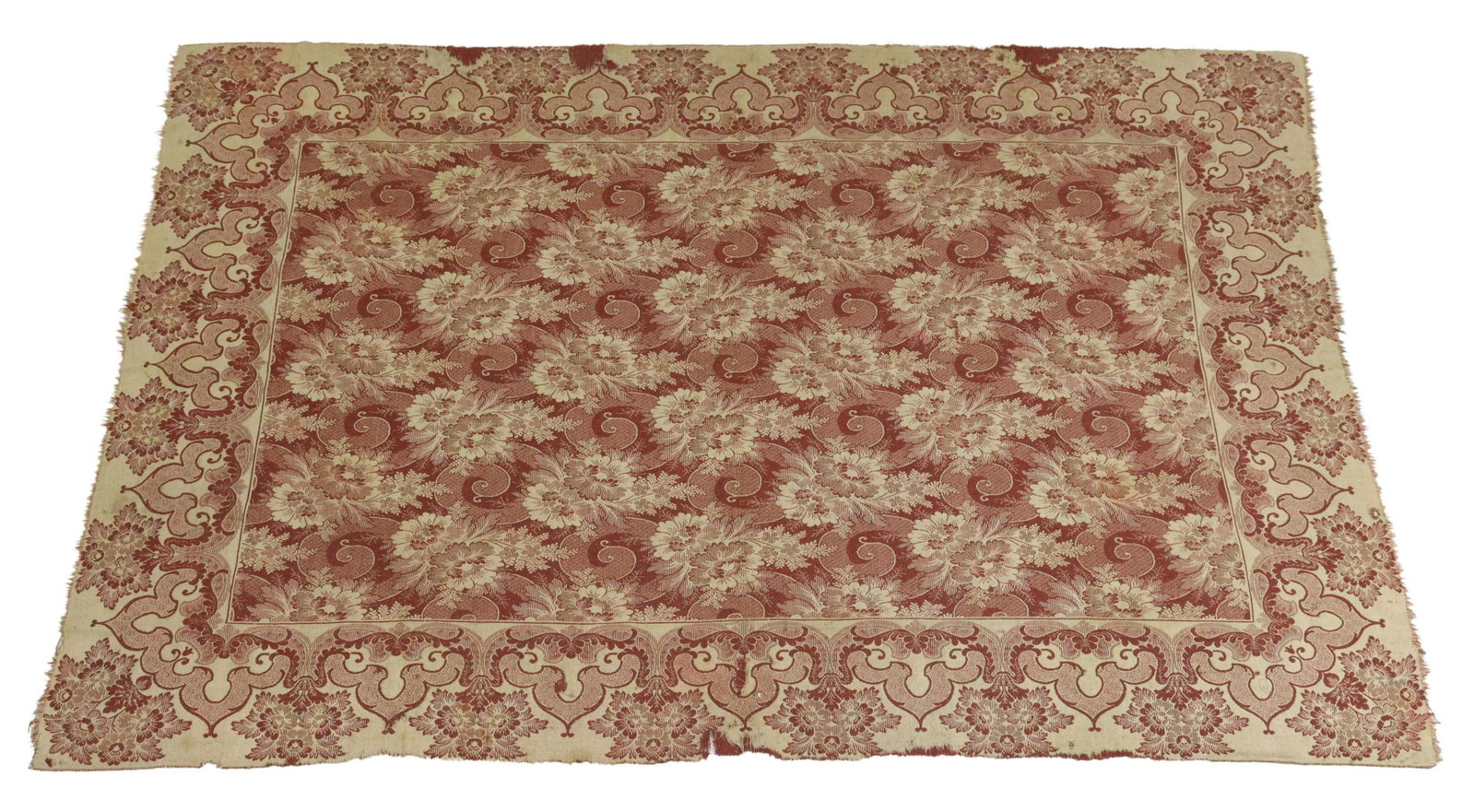 LARGE ANTIQUE WOVEN TEXTILE INGRAIN CARPET: Antique loom woven textile, possibly an ingrain carpet or coverlet, pattern with floral and foliate elements, thread loss and worn spots throughout, primarily within the border, approx 11'10"l, 8'10.5