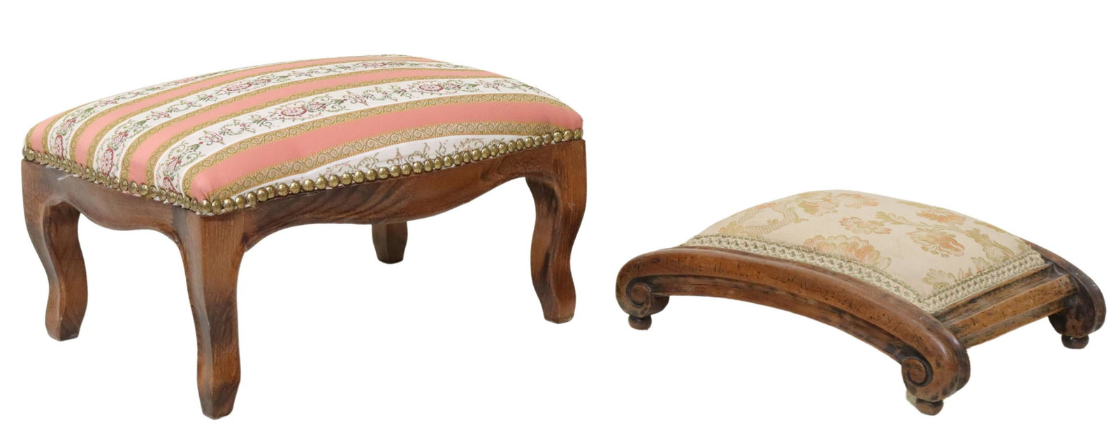 (2) LOUIS XV STYLE UPHOLSTERED FLORAL FOOTSTOOLS: (lot of 2) Continental upholstered footstools, early 20th c., including: (1) in floral jacquard upholstery, with ribbon trim, rising on scrolled base, approx 3.5"h, 12"w, 9.5"d; (1) Louis XV style, in