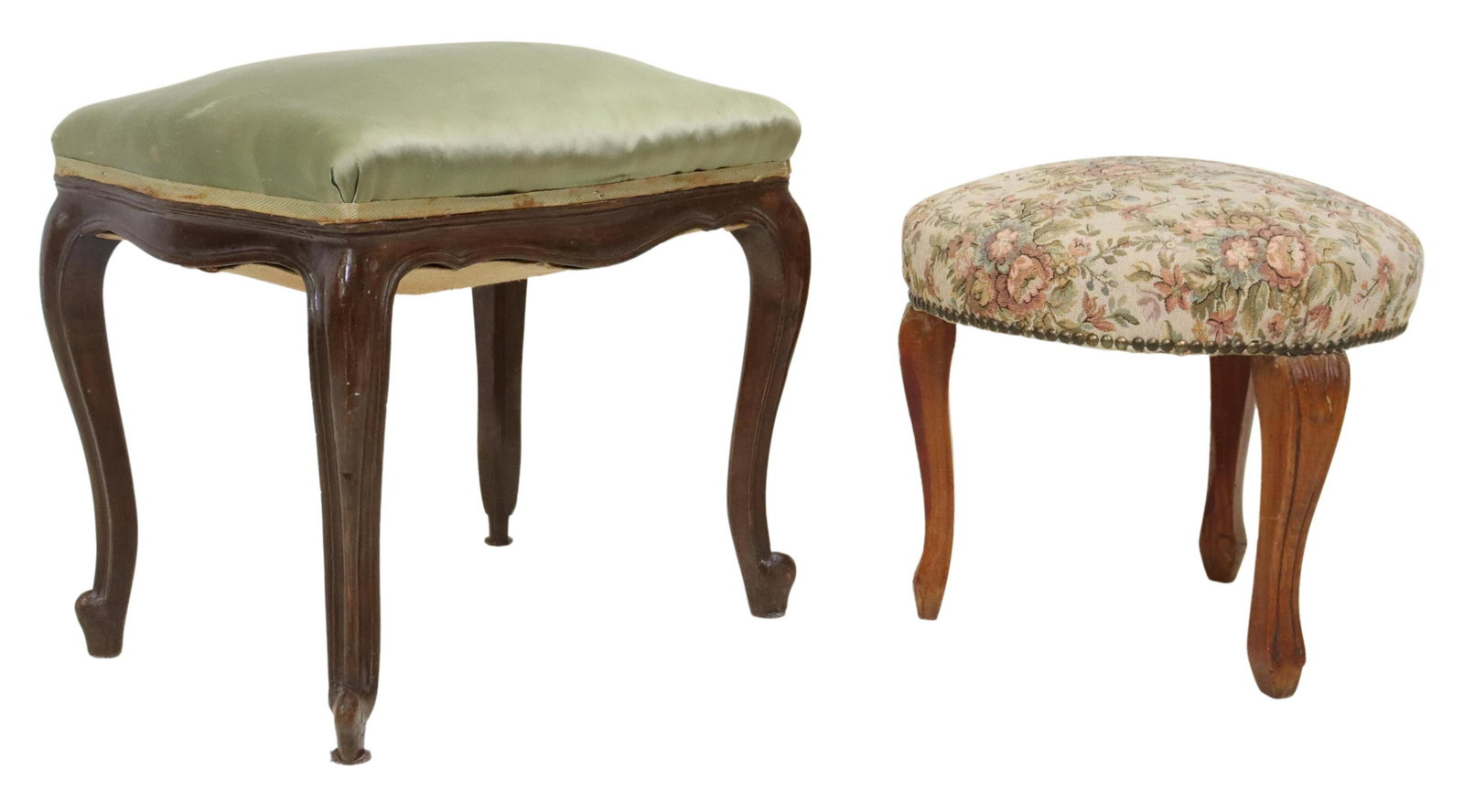 (2) LOUIS XV STYLE UPHOLSTERED OTTOMANS FOOTSTOOLS: (lot of 2) Louis XV style ottomans/ stools, 20th c., each rising on cabriole supports, including: (1) in green satin upholstery, with ribbon trim, whorl feet, approx 17"h, 19"w, 14"d; (1) in floral ne