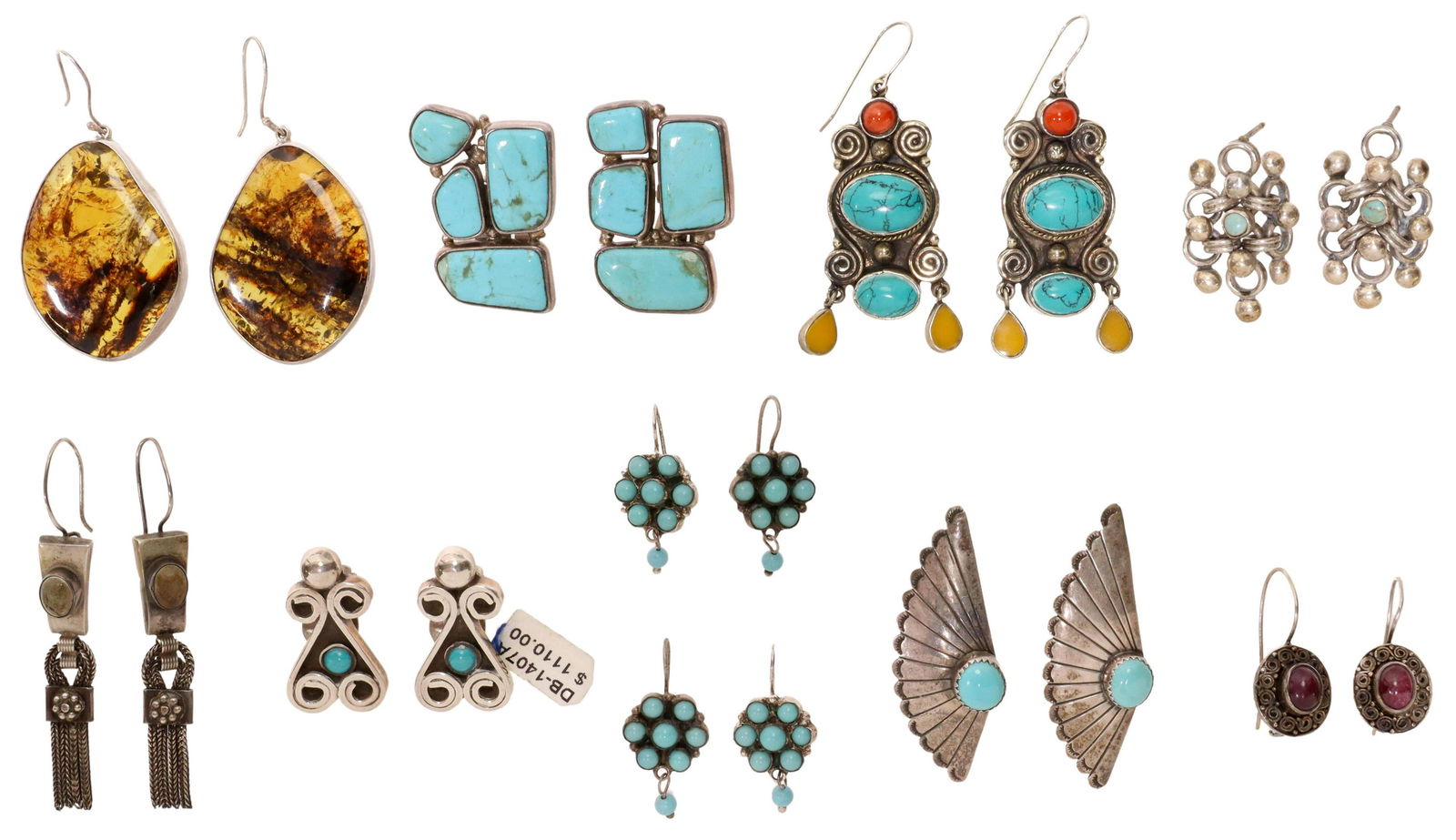 (10 PR) ESTATE SILVER & METAL STONE SET EARRINGS: (10 pair) Estate silver and silver tone meal earrings, mostly Mexico, including (8 pair) earrings for pierced ears with post and wire examples, (2 pair) of clip back, highlights include: (pair) 925 tu