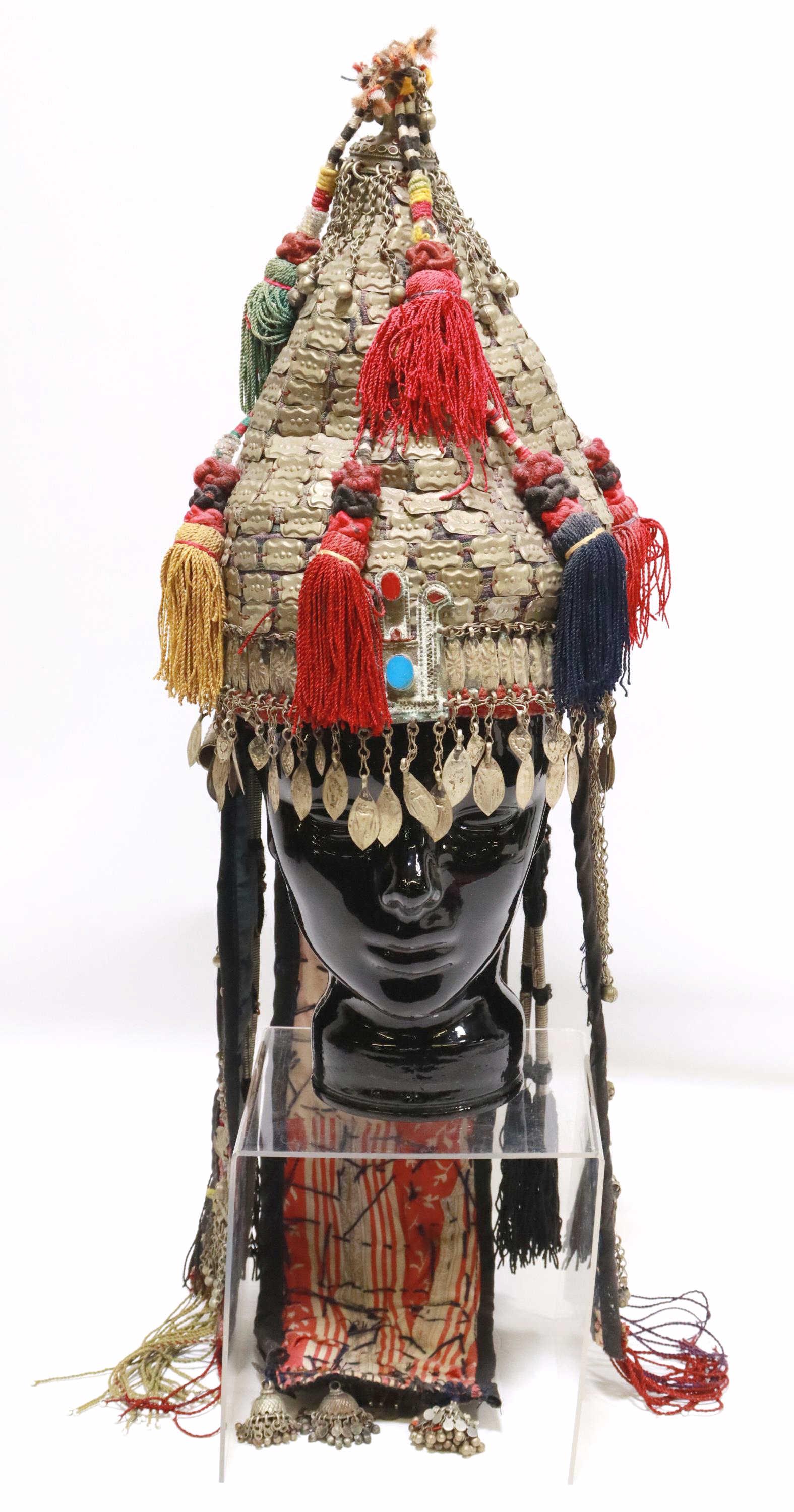 (4) FOLK ART WOVEN TEXTILES & CEREMONIAL HEADDRESS: (lot of 4) Folk art textiles and headdresses, including: (1) polychrome figural woven table runner, Nebaj, Guatemala, overall: approx 64"l, 25.25"w; (1) South American woven textile, in polychrome geo