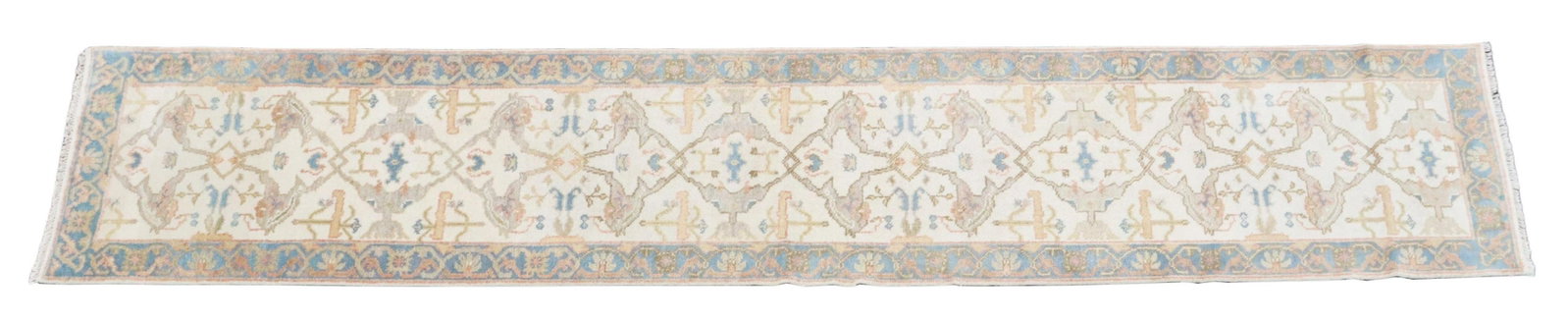 HAND-TIED INDO-OUSHAK RUNNER, 13'11" X 2'9": Hand-tied Indo-Oushak runner, approx 13'11"l, 2'9"w Start Price: $150.00